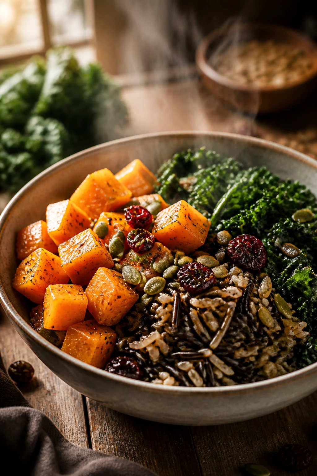 Close-up of a butternut squash kale wild rice bowl with pepitas and cranberries on a wooden table