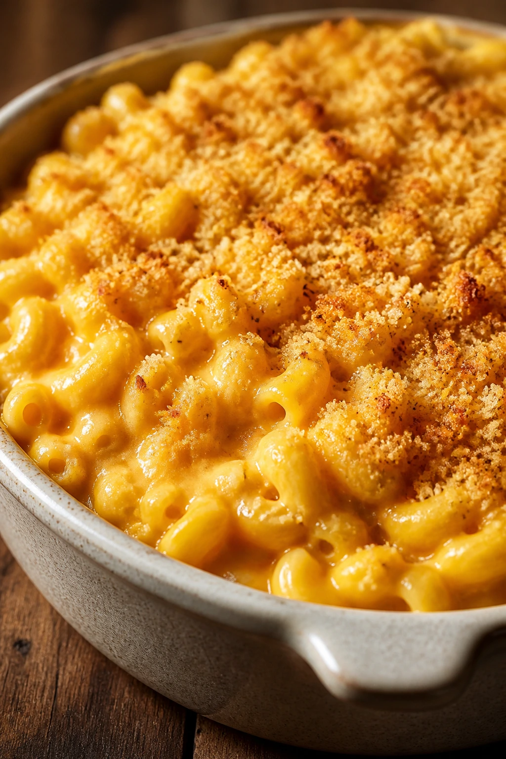 Close-up of creamy butternut squash mac and cheese with breadcrumb topping