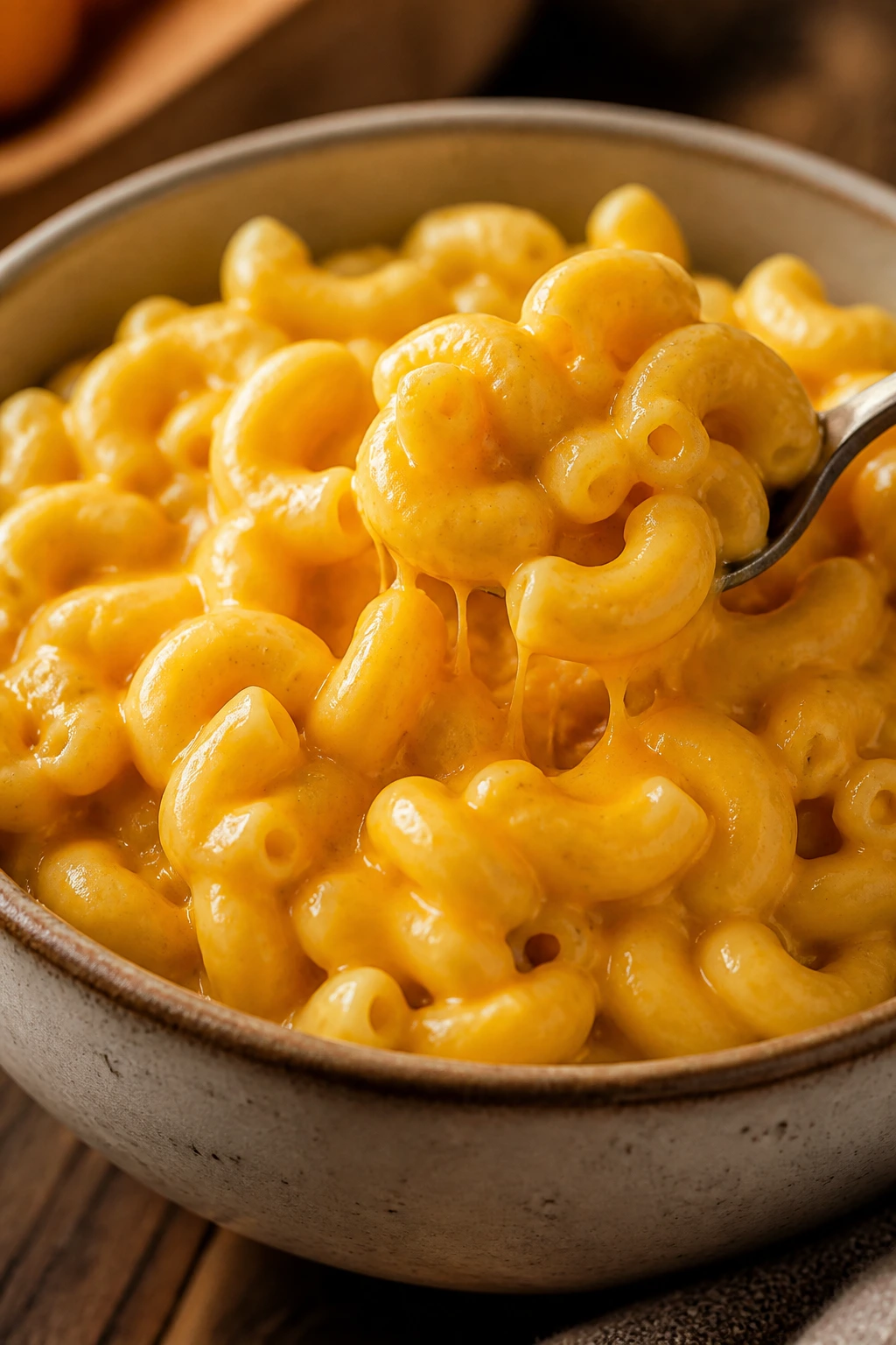 Creamy butternut squash mac and cheese in a bowl