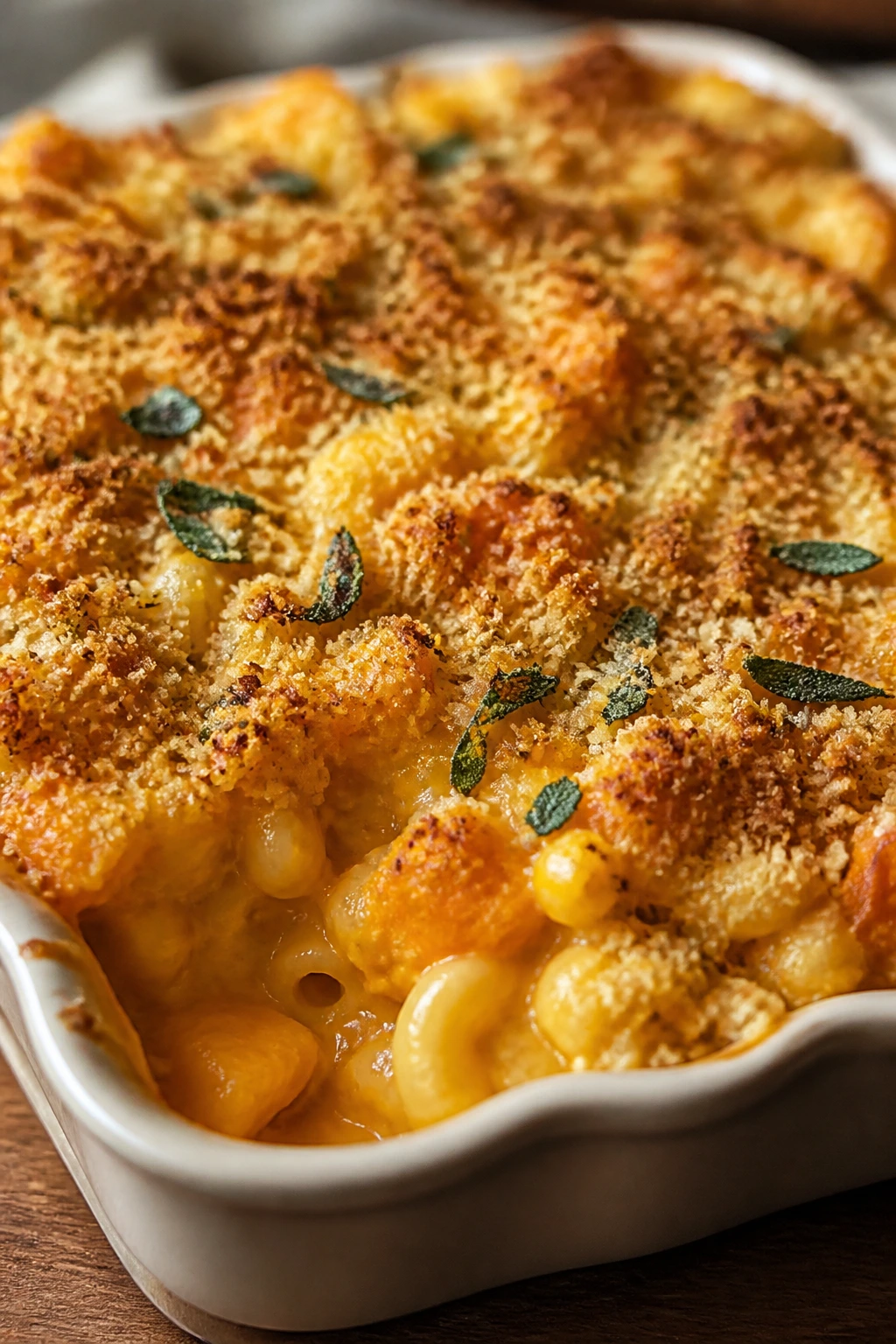 Close-up of butternut squash mac and cheese with sage breadcrumb topping