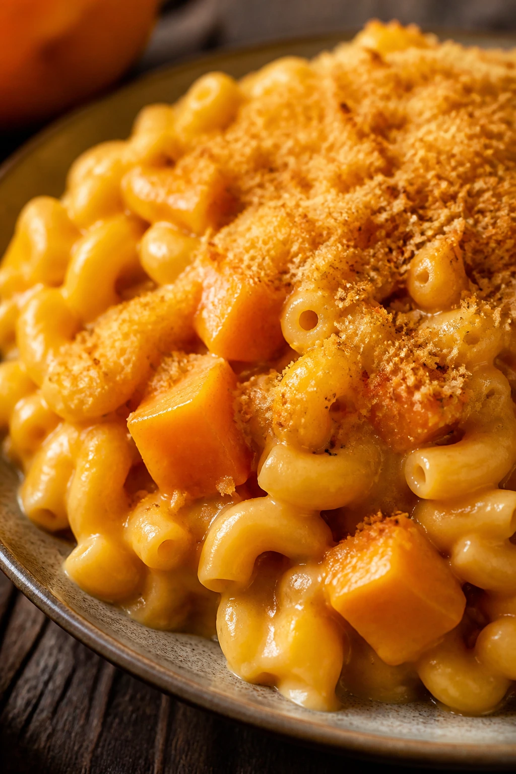 Close-up of butternut squash mac and cheese with breadcrumb topping