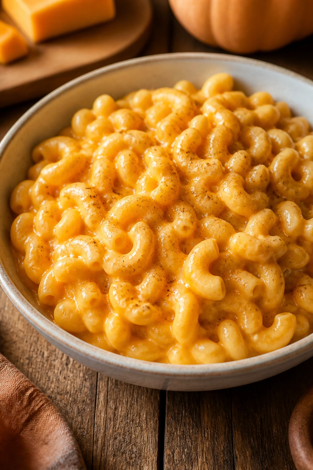 Creamy butternut squash mac and cheese in a bowl on wooden table