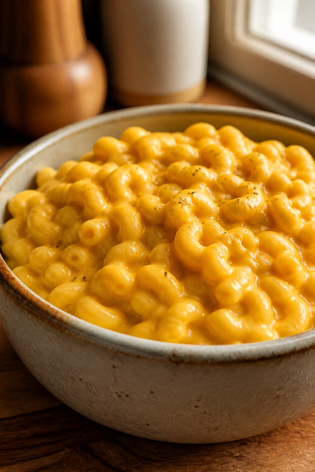 Close-up of creamy orange Butternut Squash Mac in a rustic bowl
