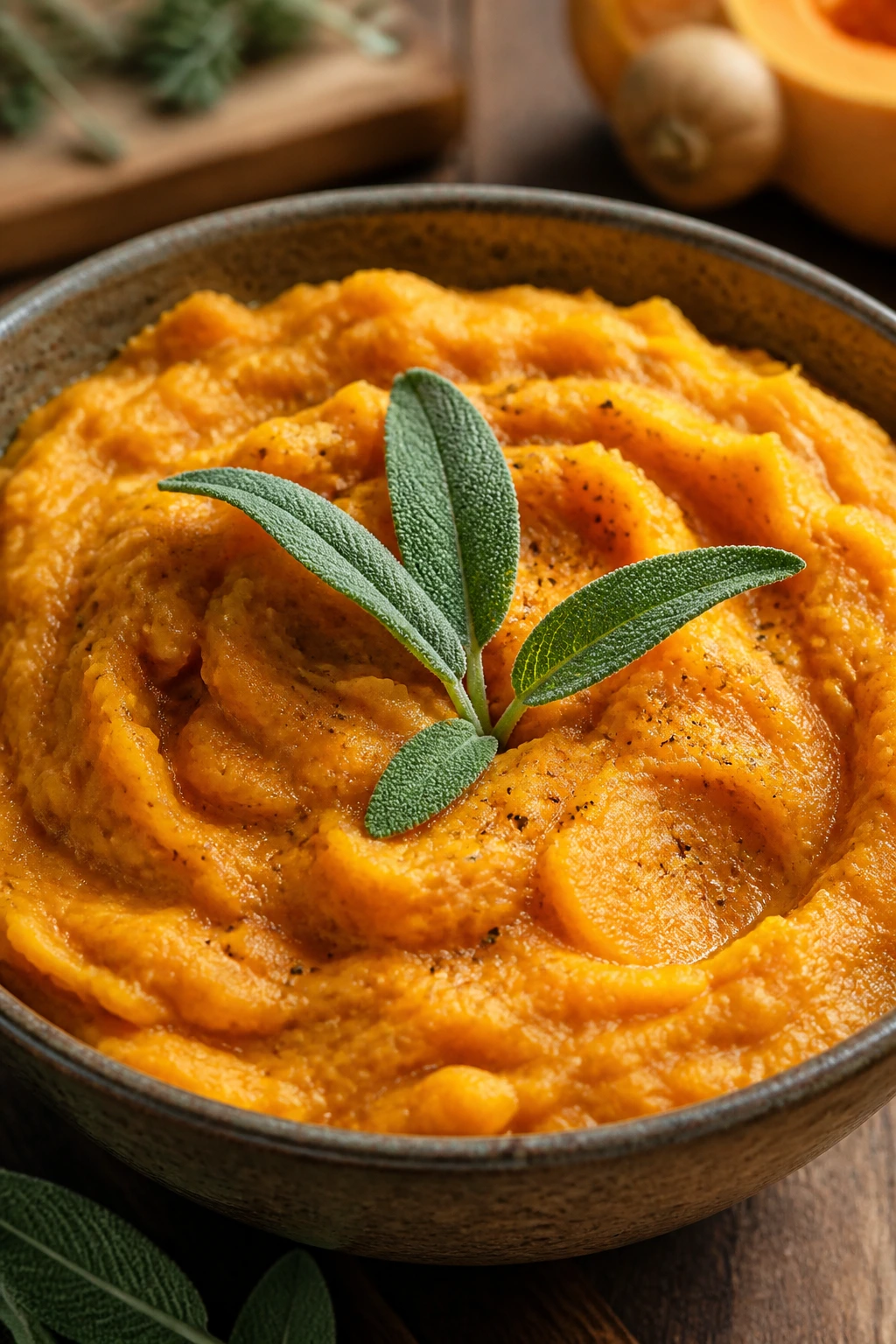 Creamy sage butternut squash mash in a rustic bowl with sage garnish.