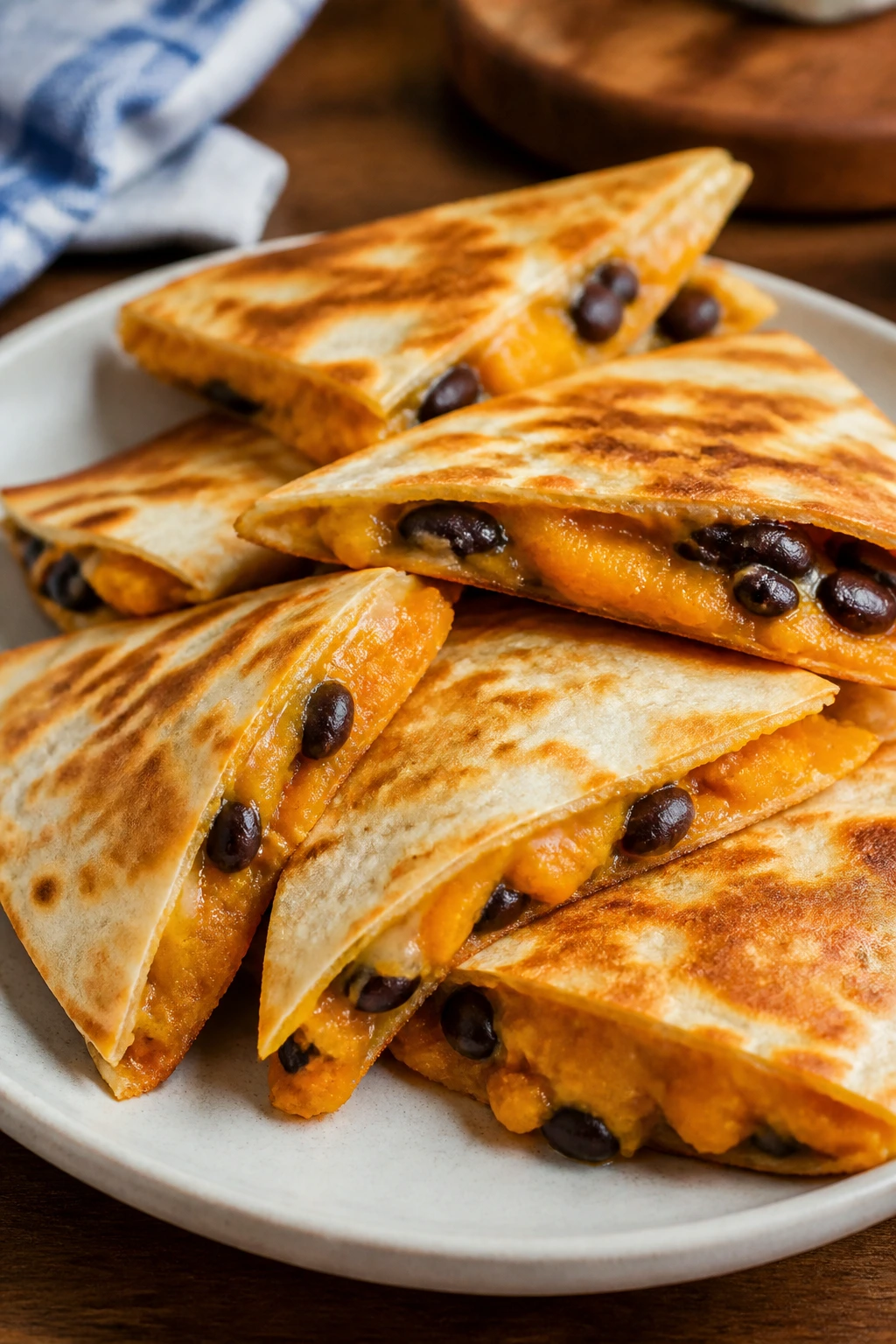 Butternut squash quesadilla triangles with cheese and beans on a plate