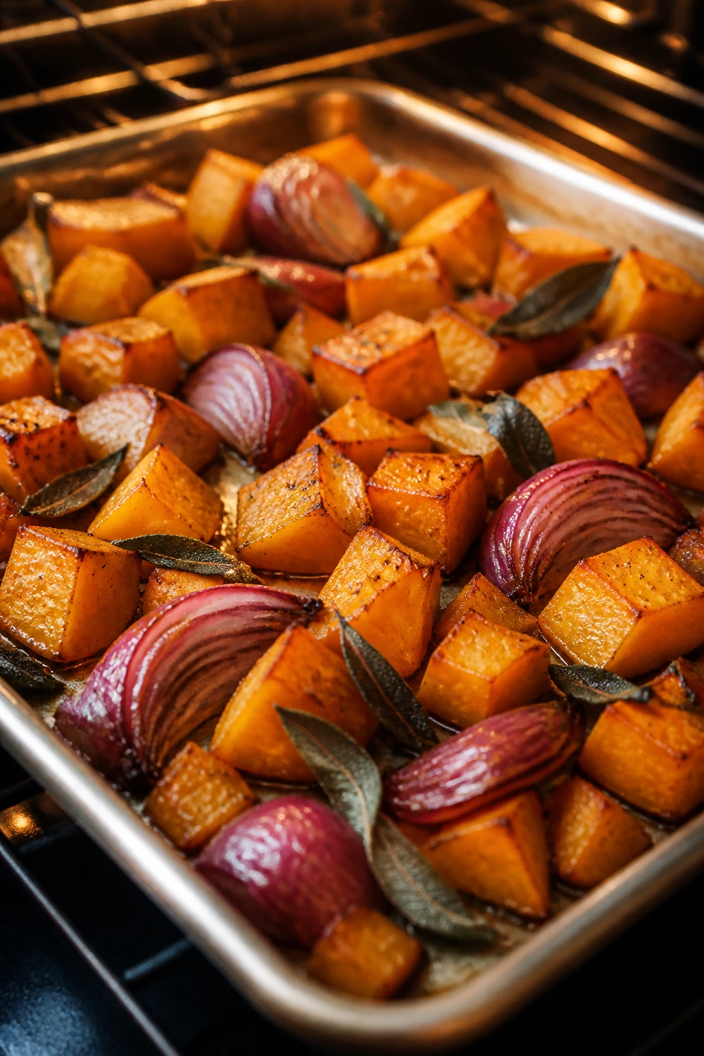 Sheet pan with butternut squash and red onion roasting with sage
