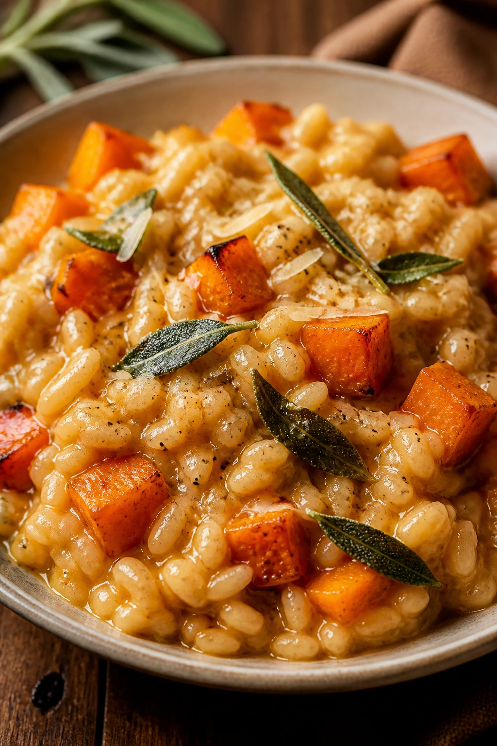 Close-up of butternut squash risotto with brown butter and sage