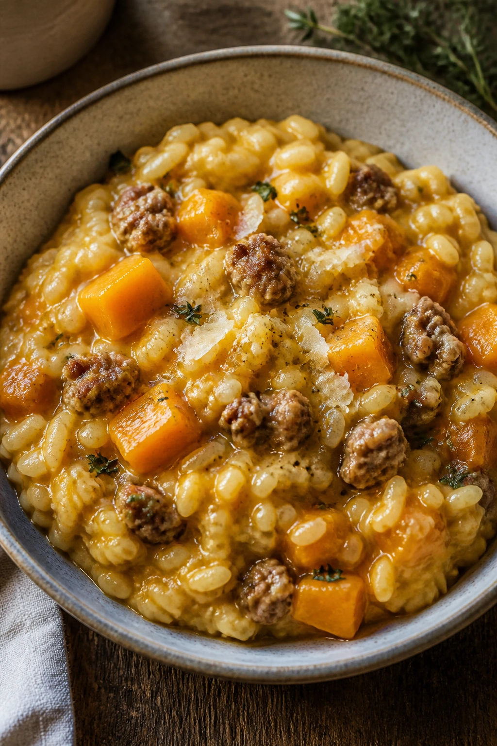 Creamy butternut squash risotto with sausage in a bowl