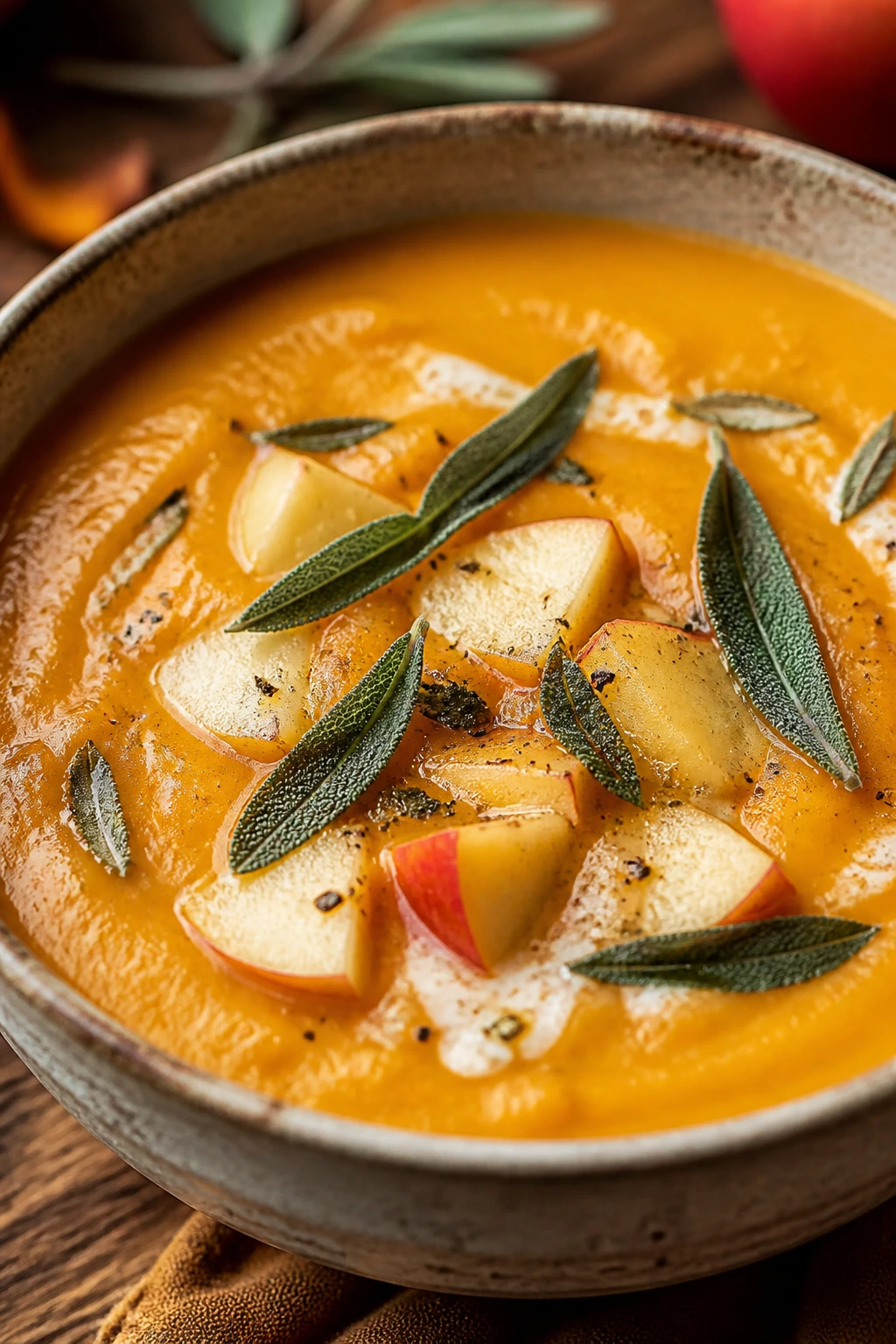 Bright orange butternut squash soup with apple and sage in a bowl