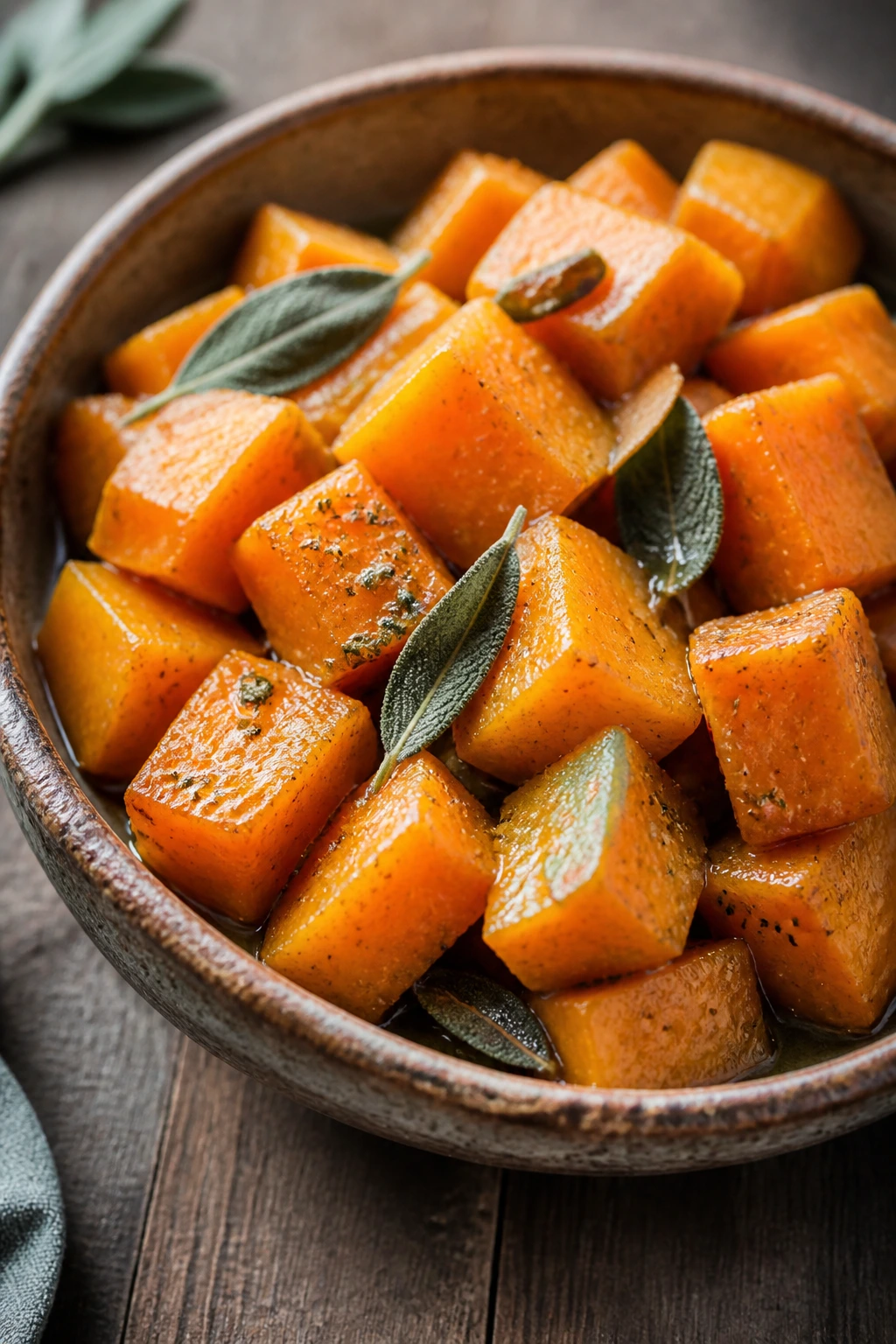 Butternut squash with sage butter in rustic bowl
