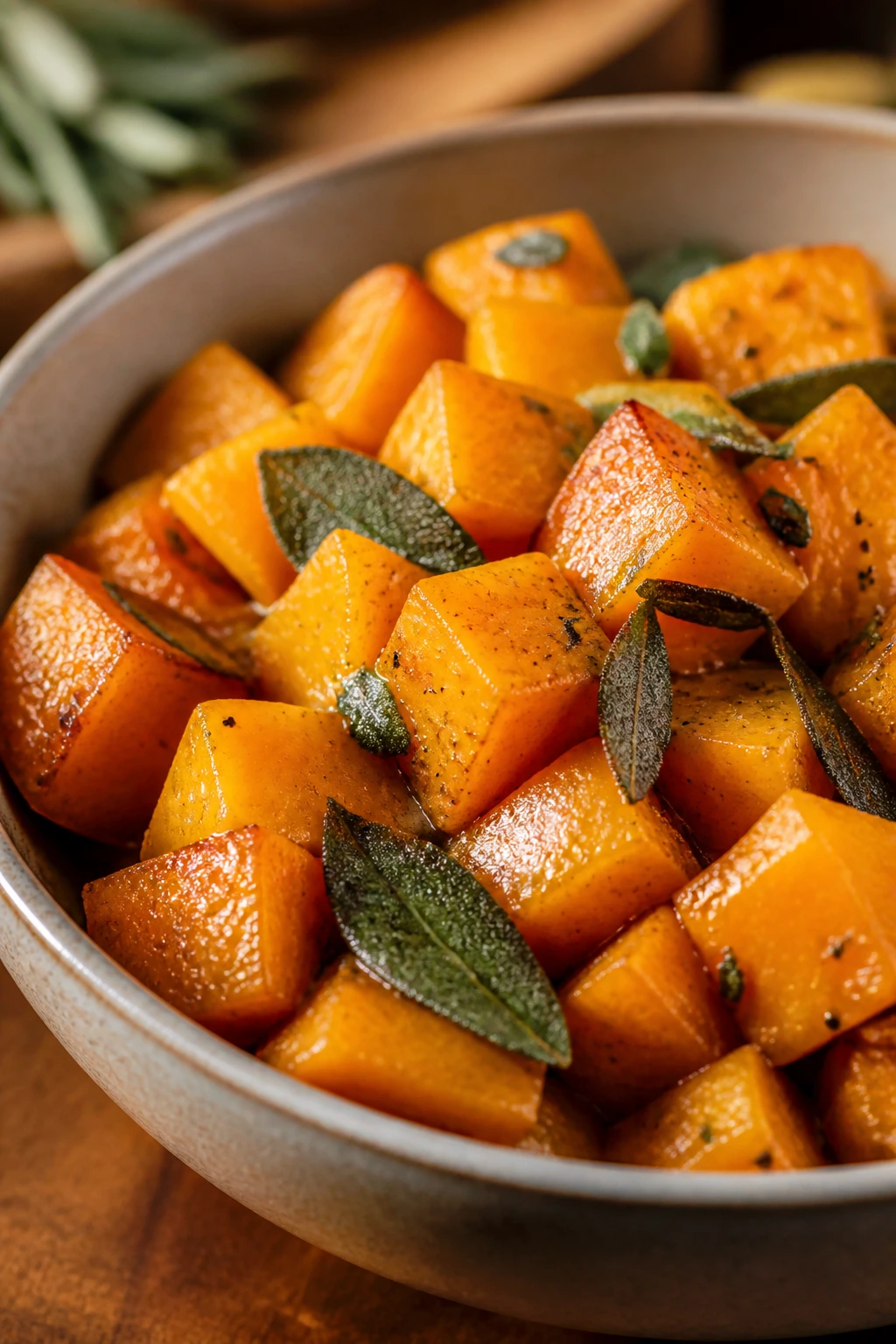 Close-up of glossy butternut squash with sage butter in a ceramic bowl