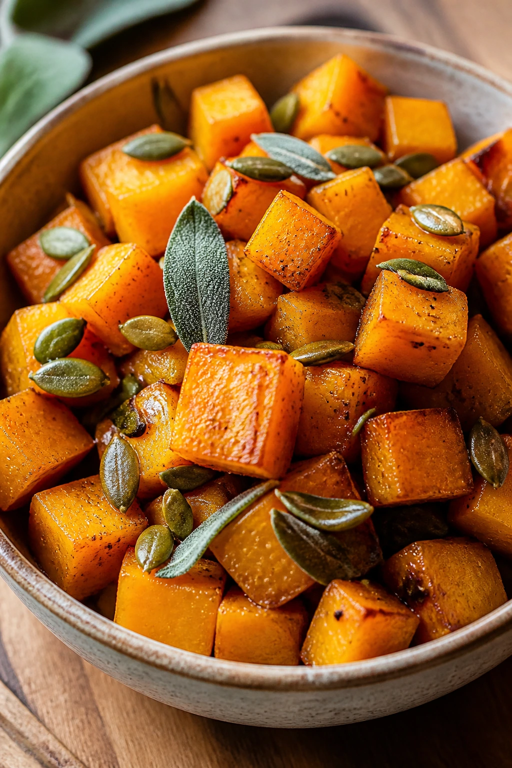 Butternut squash cubes with sage and pepitas in a bowl