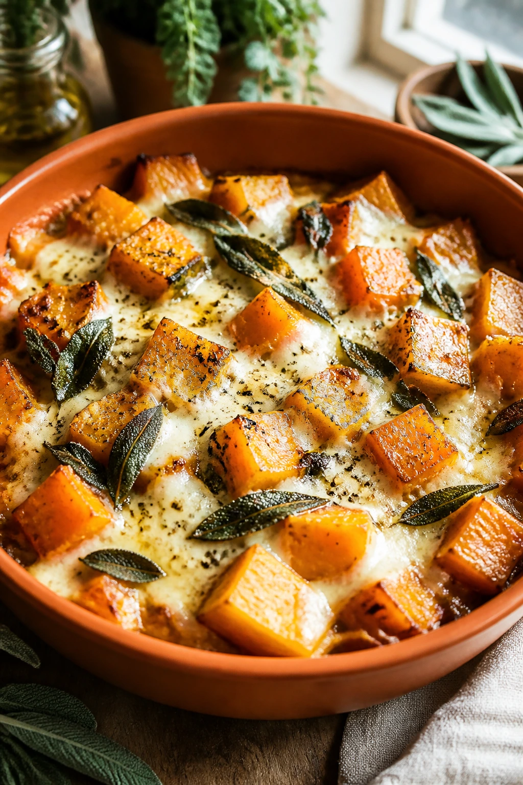 Butternut squash and sage pizza bowl on wooden table