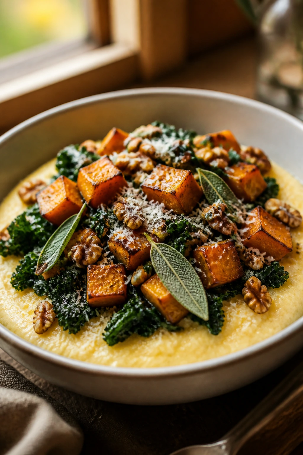 Close-up Butternut Squash Sage Polenta Bowl with creamy polenta, squash, kale, parmesan, and walnuts