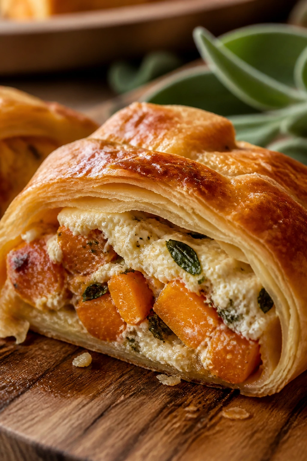 Close-up of butternut squash sage puff pastry roll cross-section on a cutting board