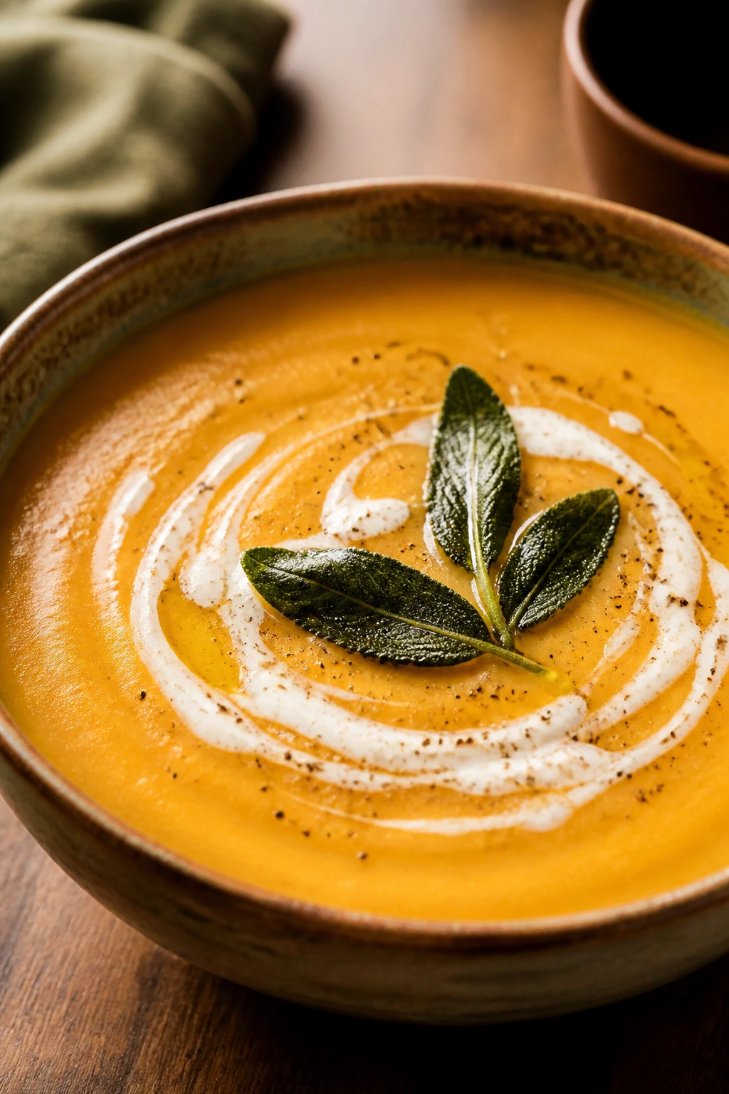 Close-up of orange butternut squash soup with cream swirl and fried sage on top in a rustic bowl