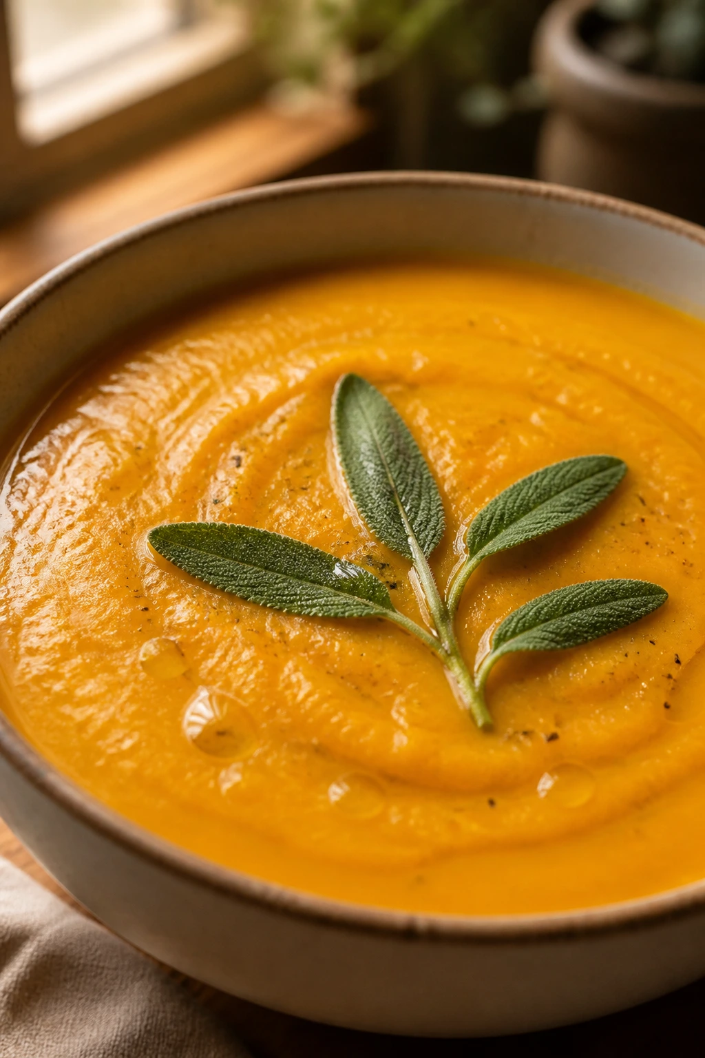 Close-up of butternut squash soup with sage in a bowl
