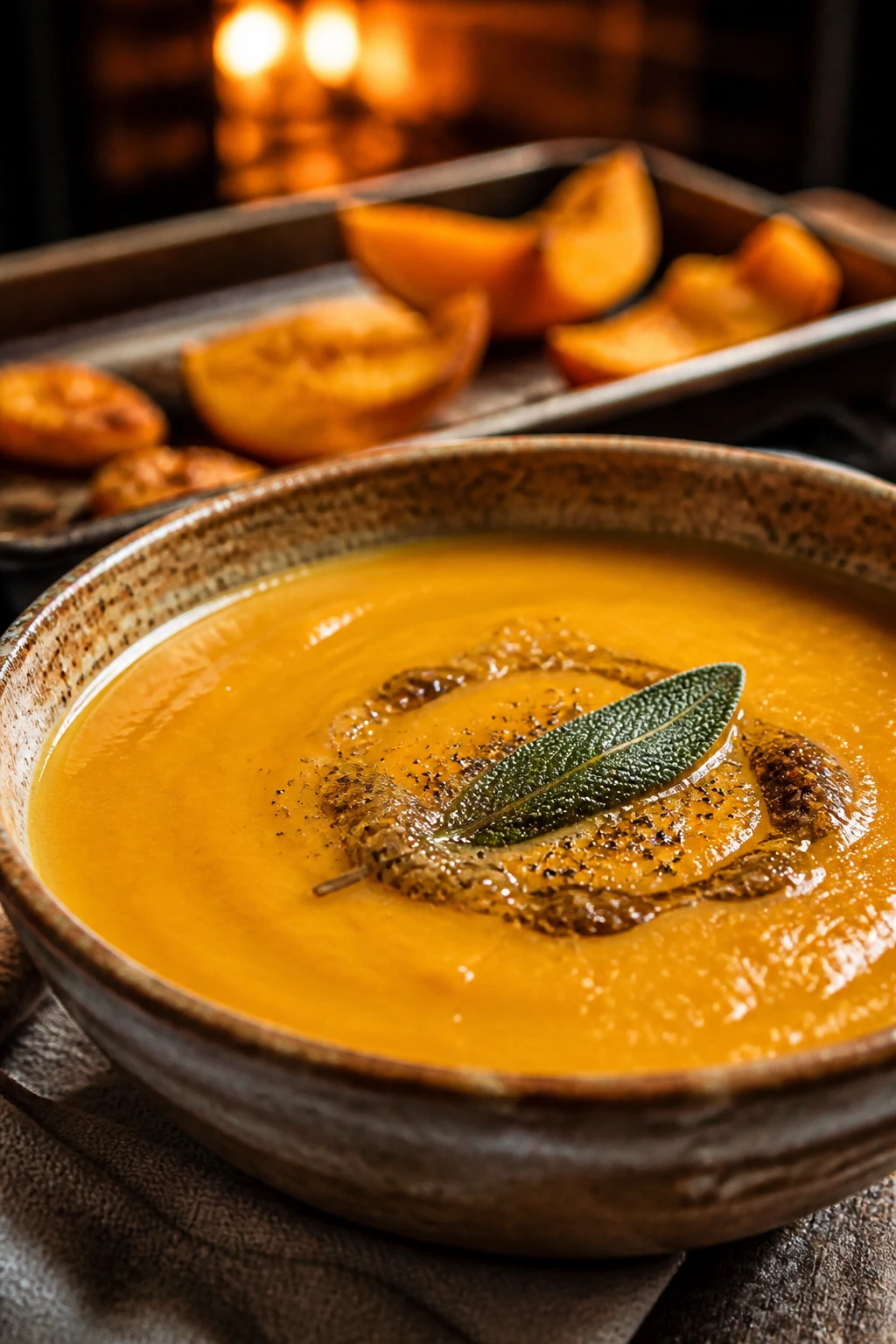Bright orange roasted butternut squash soup in a rustic bowl with sage garnish