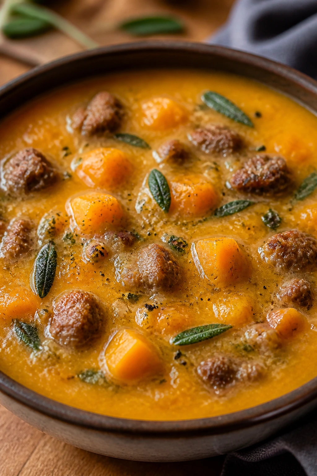 Close-up of Sausage Butternut Squash Sage Soup in a rustic bowl with sausage