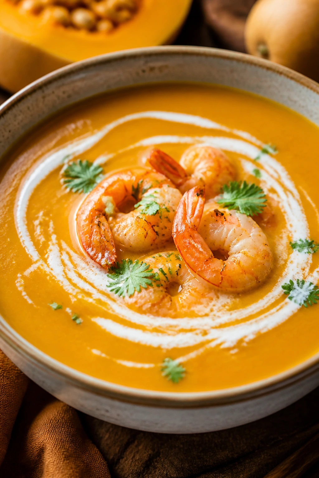 Close-up of Butternut Squash Shrimp Soup with shrimp on top
