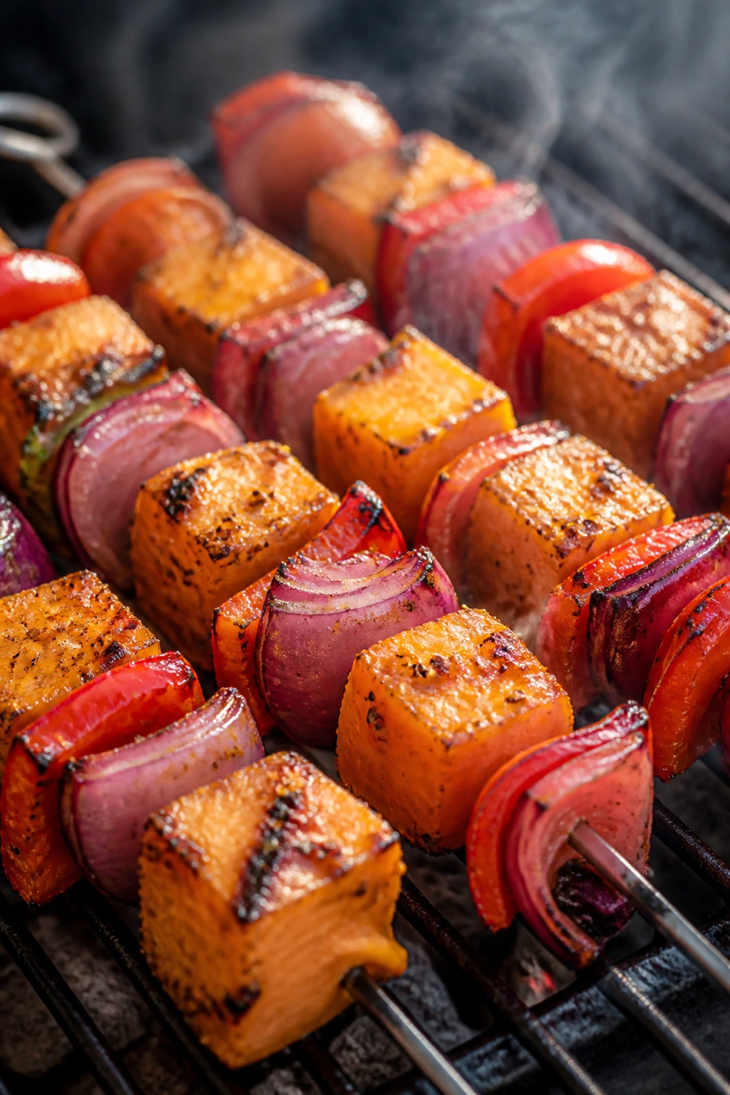 Close-up of maple mustard glazed butternut squash and red onion skewers on grill