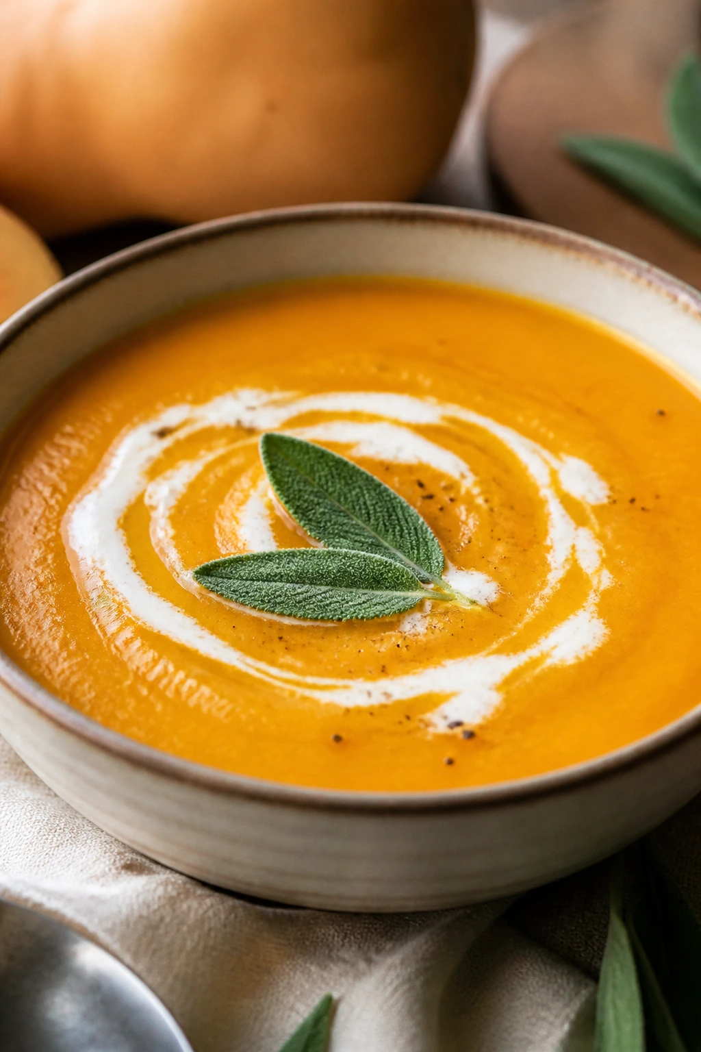 Silky butternut squash soup in a bowl with cream swirl