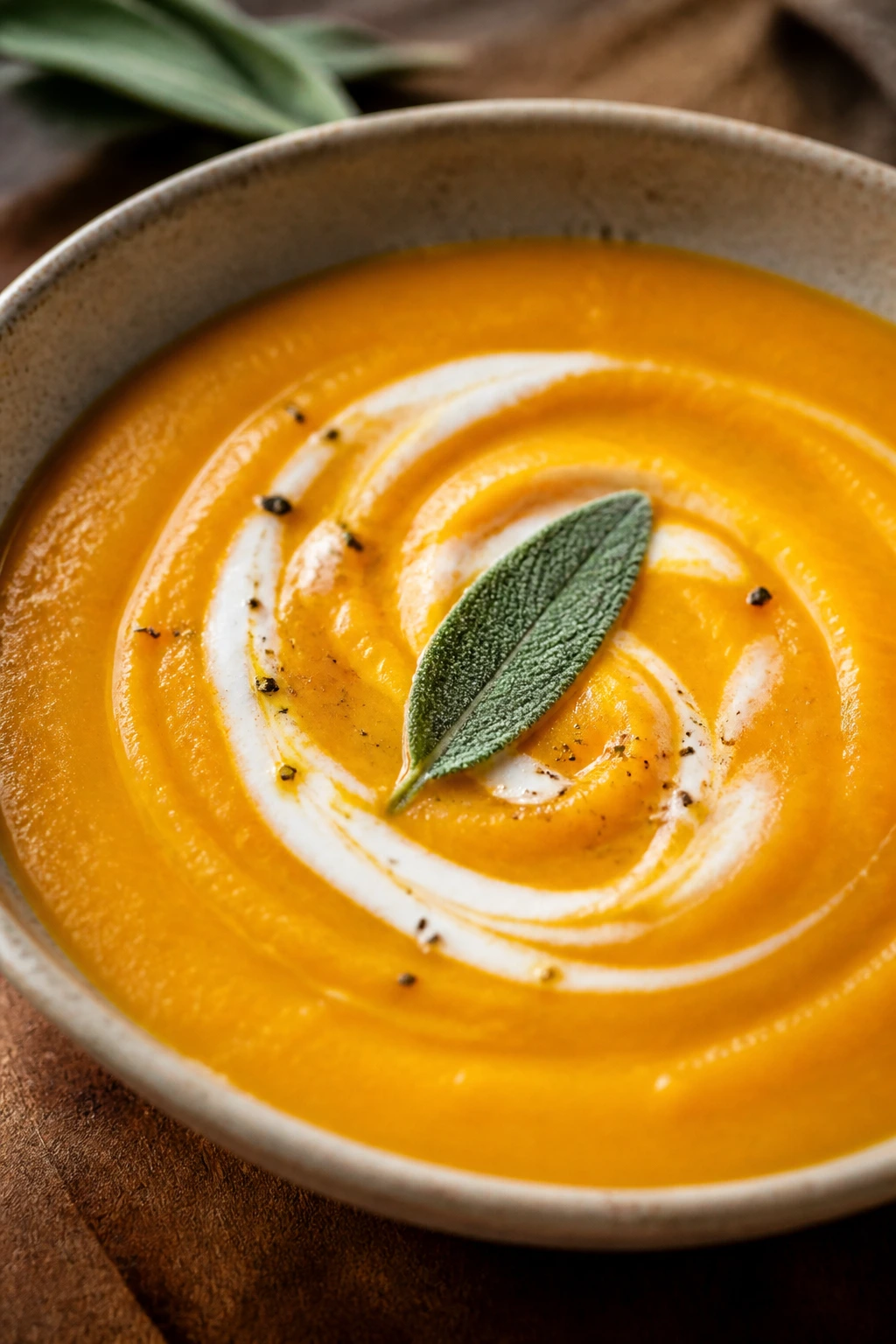 Velvety butternut squash soup with a sage garnish in a bowl
