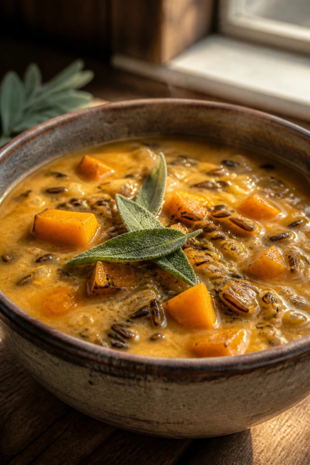 Close-up of creamy orange soup with roasted squash and sage in a rustic bowl