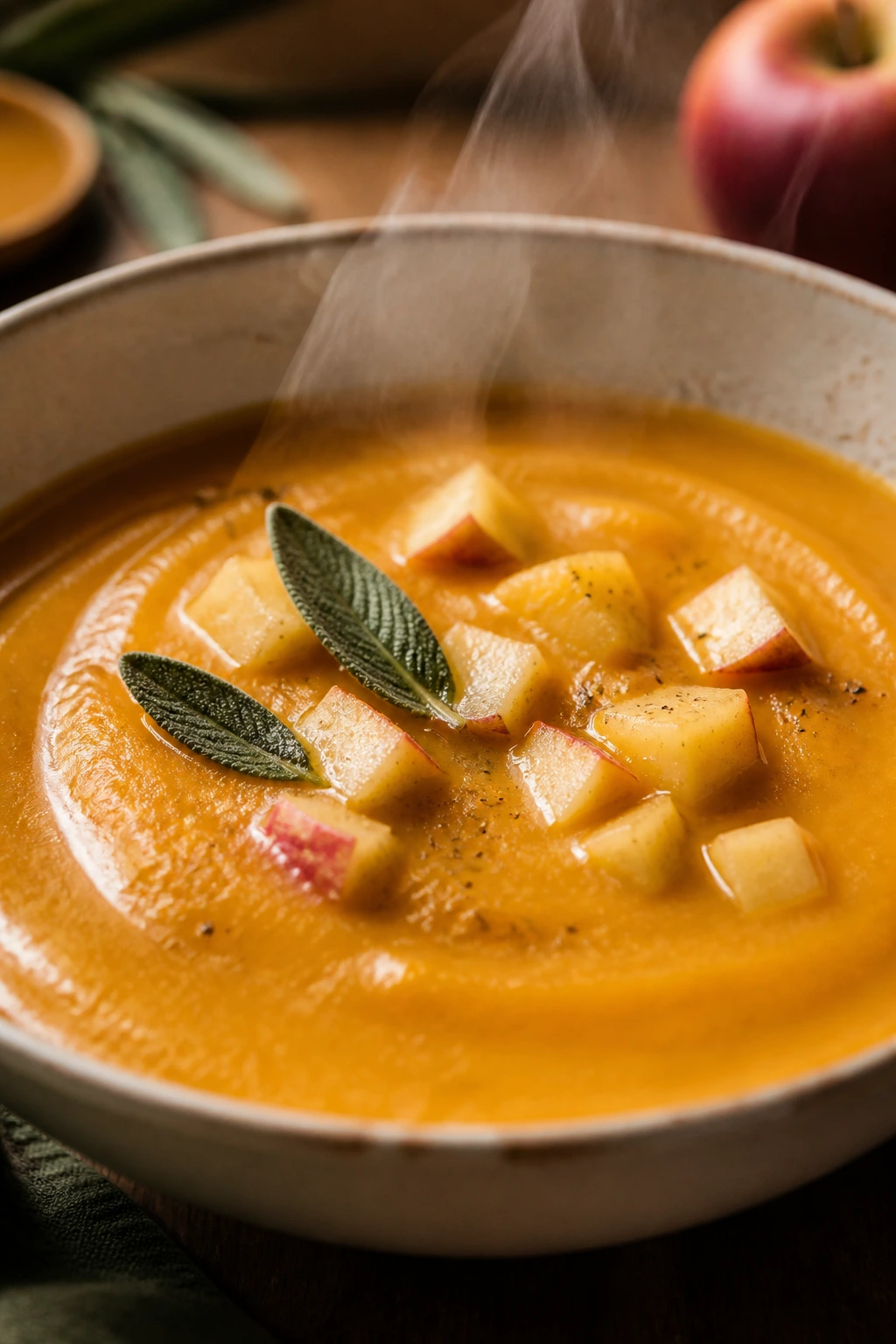Creamy butternut squash soup with apple pieces in a bowl on a wooden table