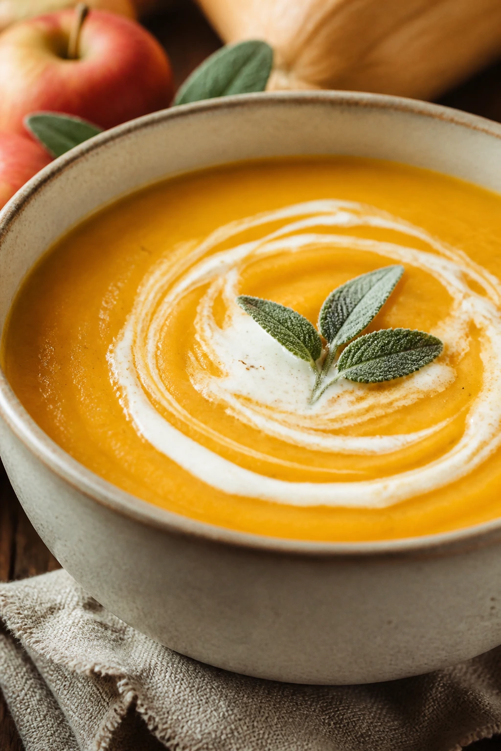Close-up of orange butternut squash soup with sage garnish in a bowl