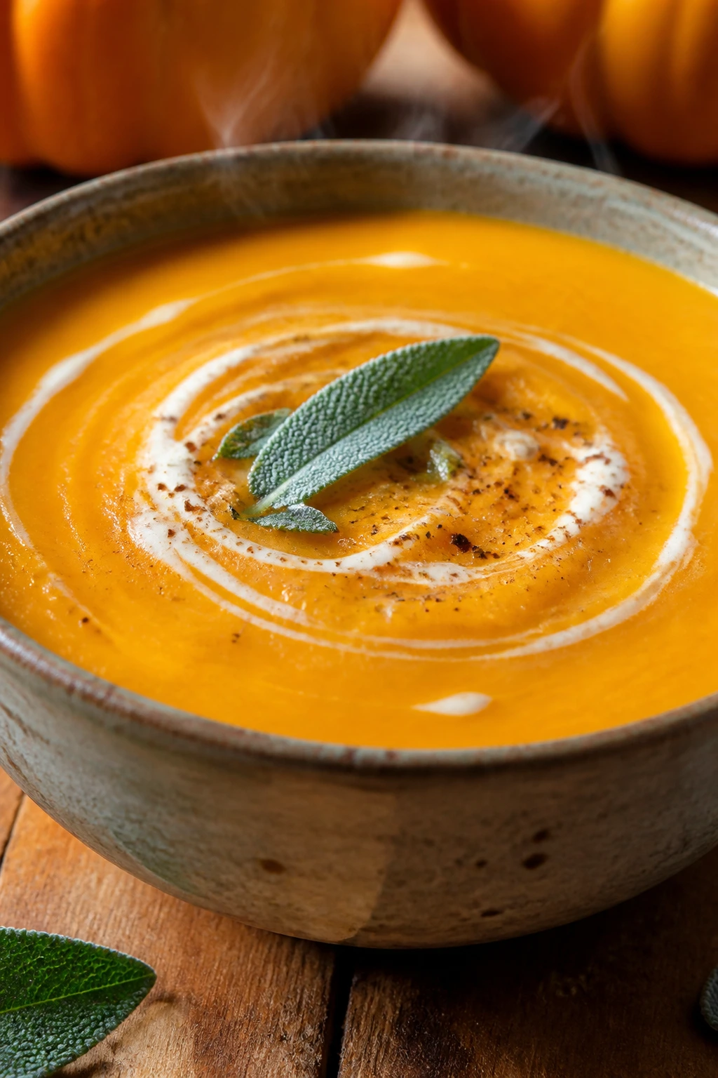 Velvety butternut squash soup in rustic bowl with warm autumn lighting