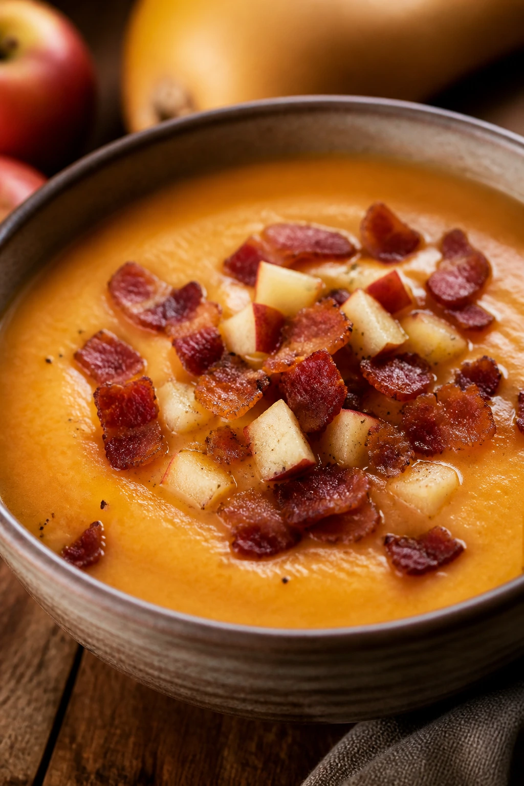 Butternut squash and apple soup with bacon topping