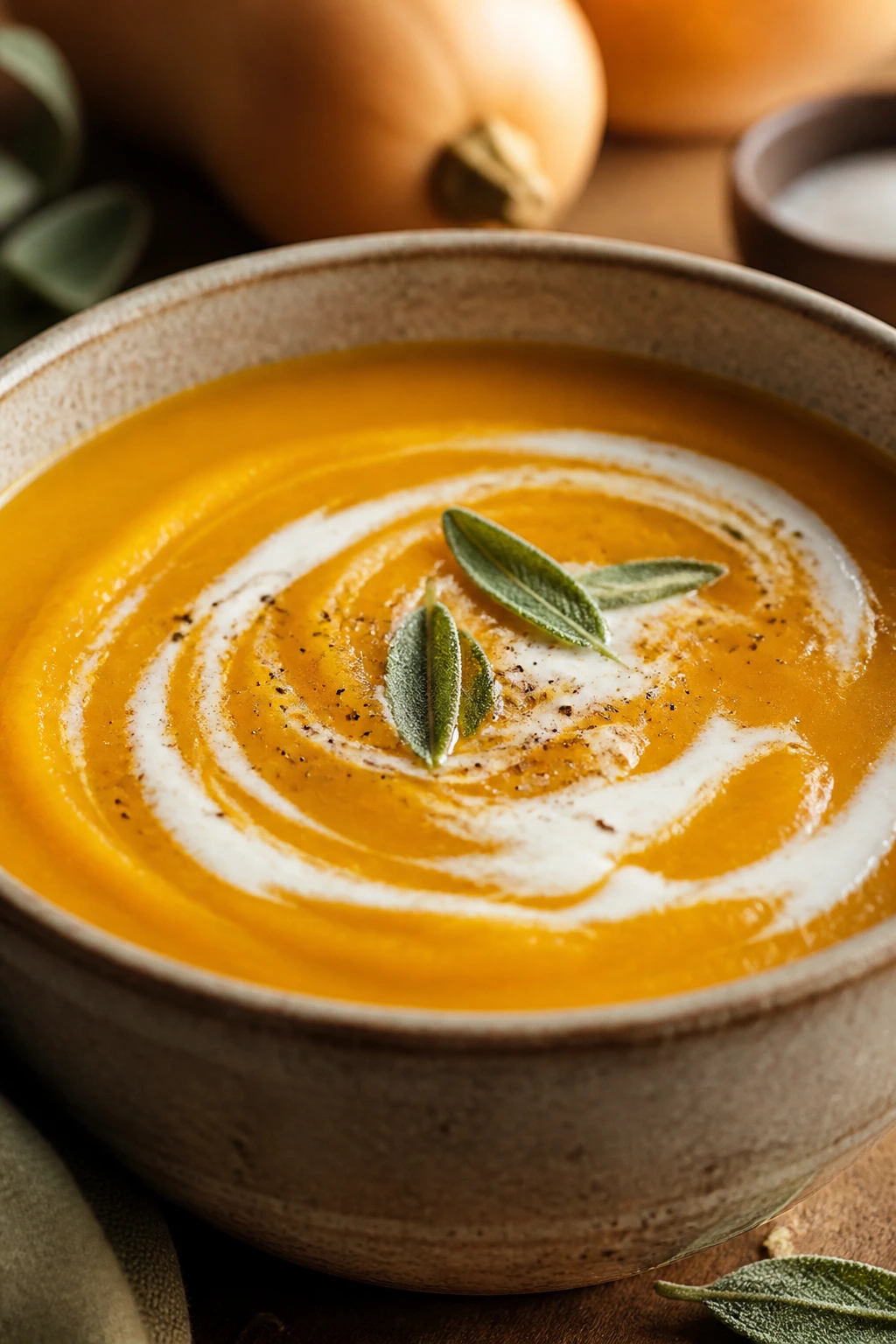 Bright orange butternut squash soup with coconut milk swirl in a bowl