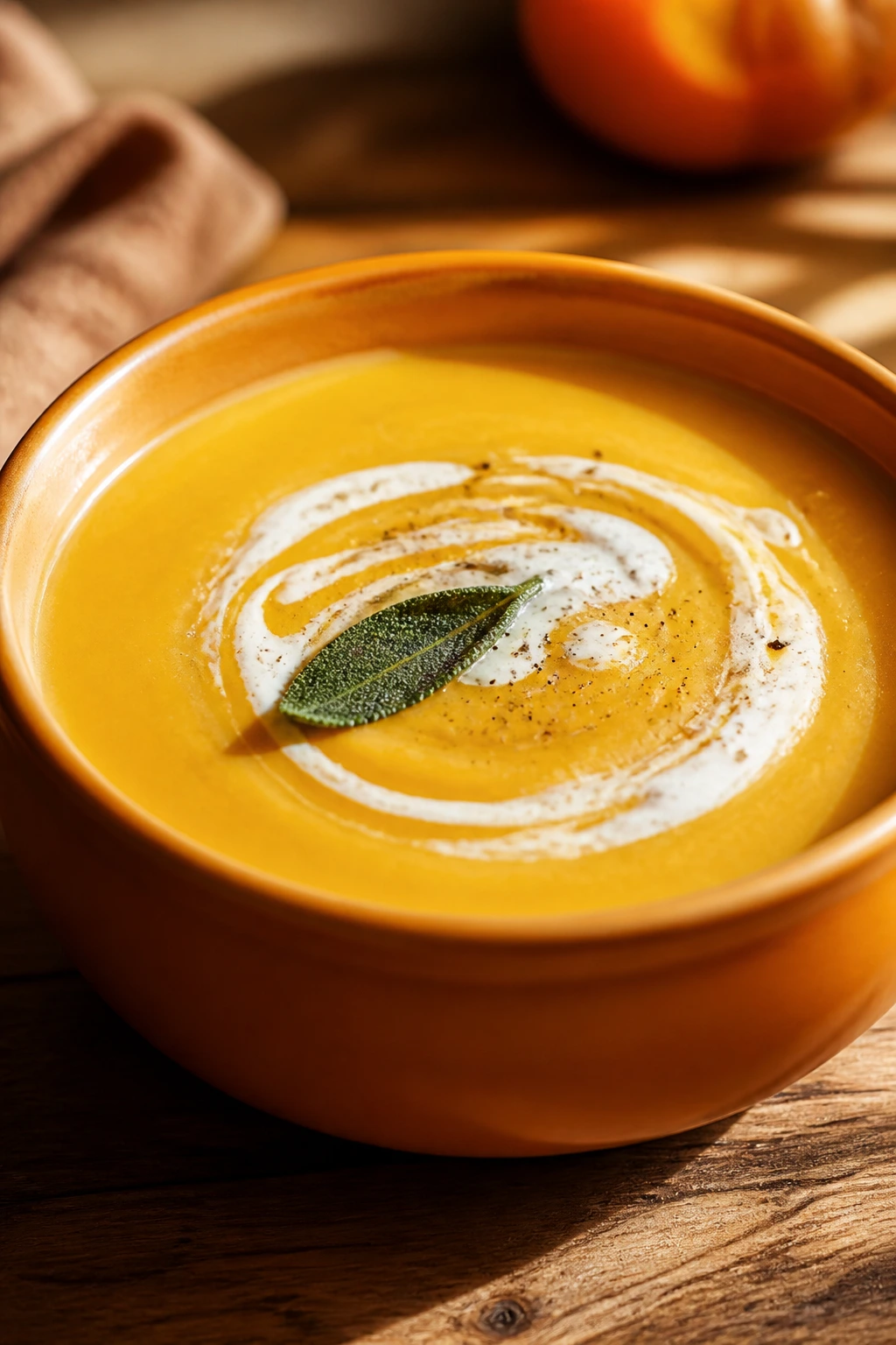 Velvety butternut squash soup with cream swirl in an orange bowl