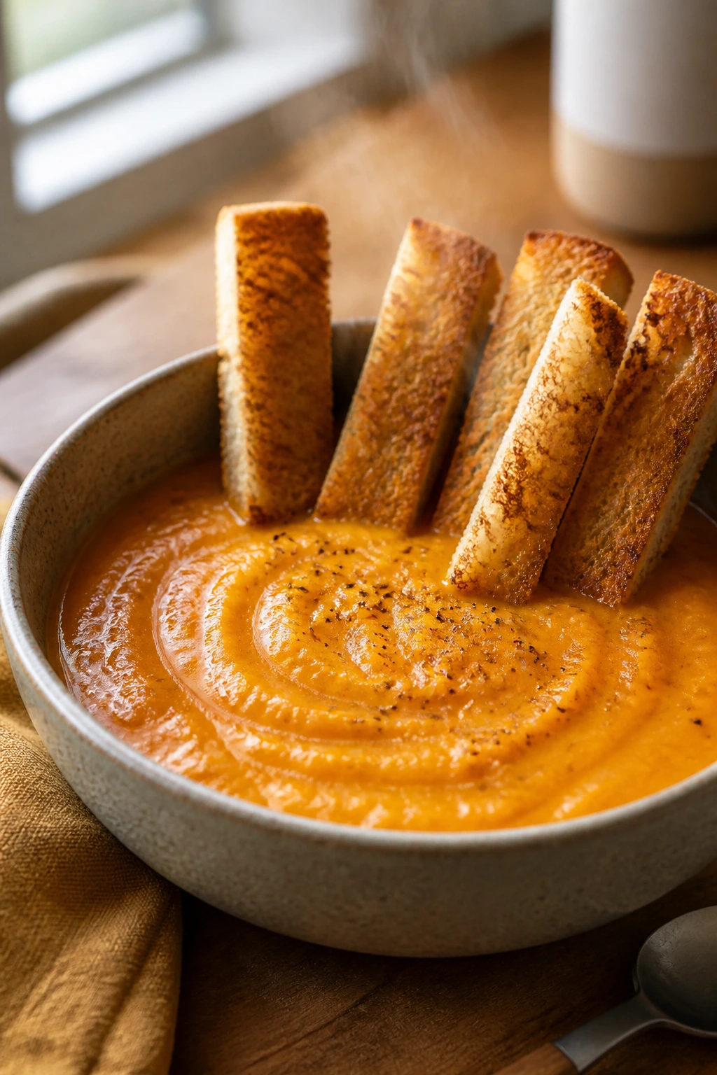 Creamy butternut squash and red lentil soup with toast soldiers in a bowl