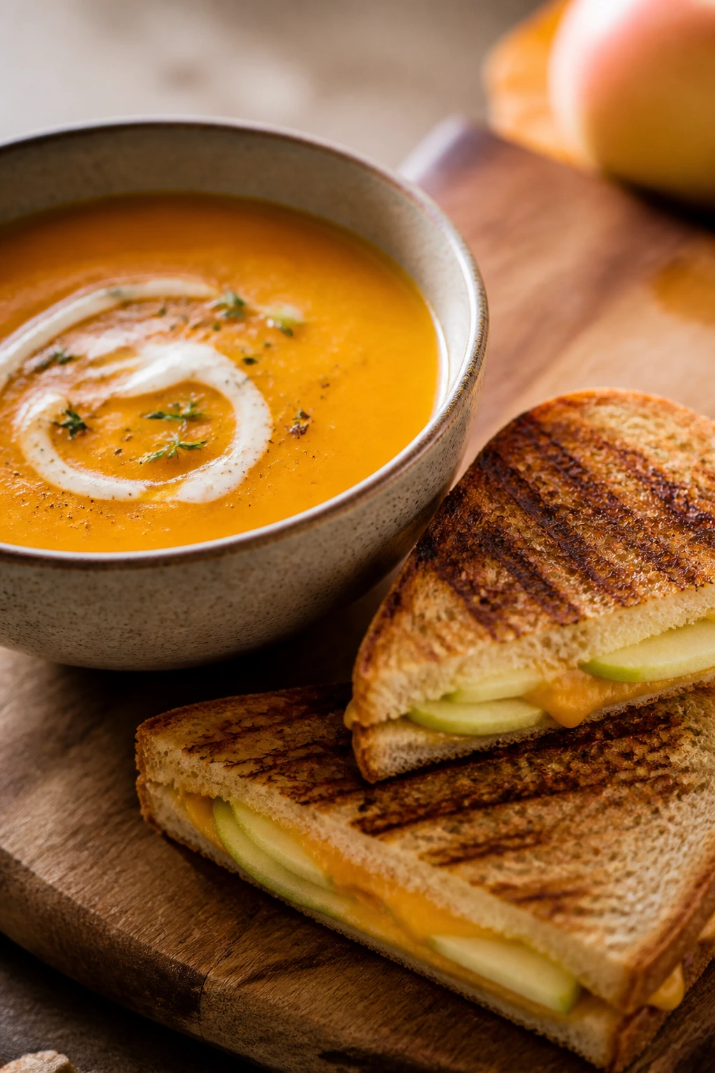 Butternut squash soup with apple cheddar panini on a rustic board
