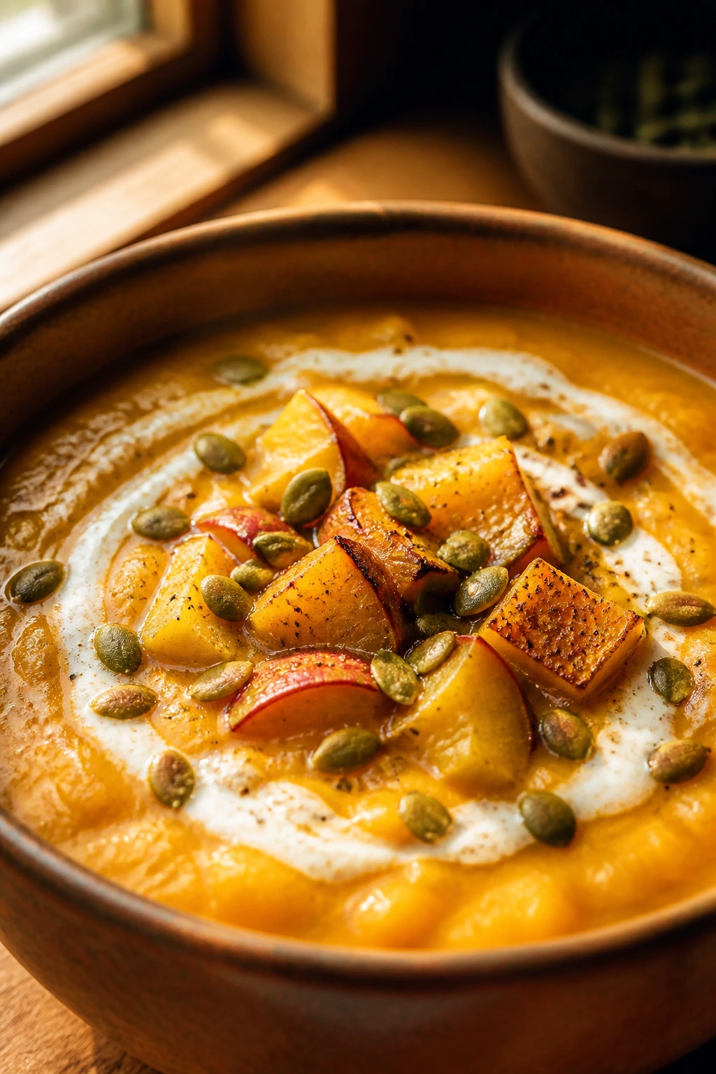 Close-up of butternut squash and apple soup in a bowl with pepitas, cozy kitchen setting