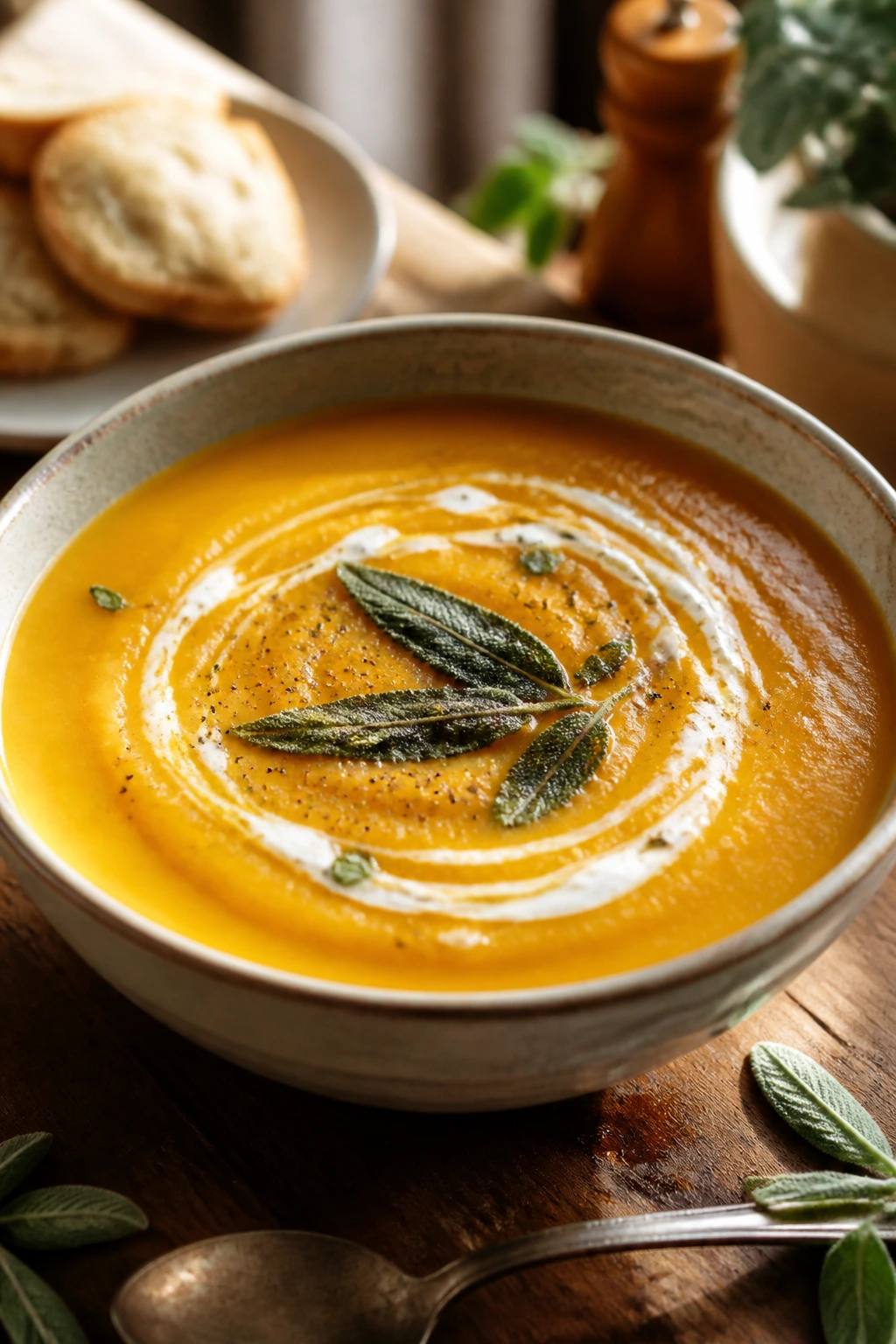 Roasted butternut squash soup with cream swirl and sage
