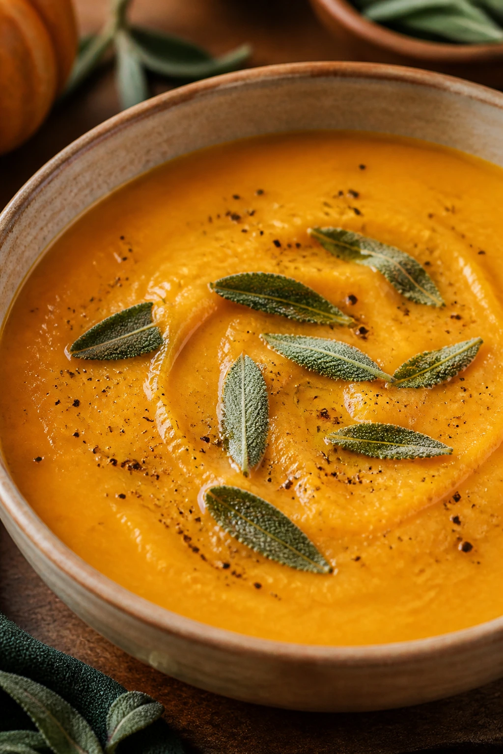 Close-up of Roasted Butternut Squash and Sage Soup with sage leaves on top.