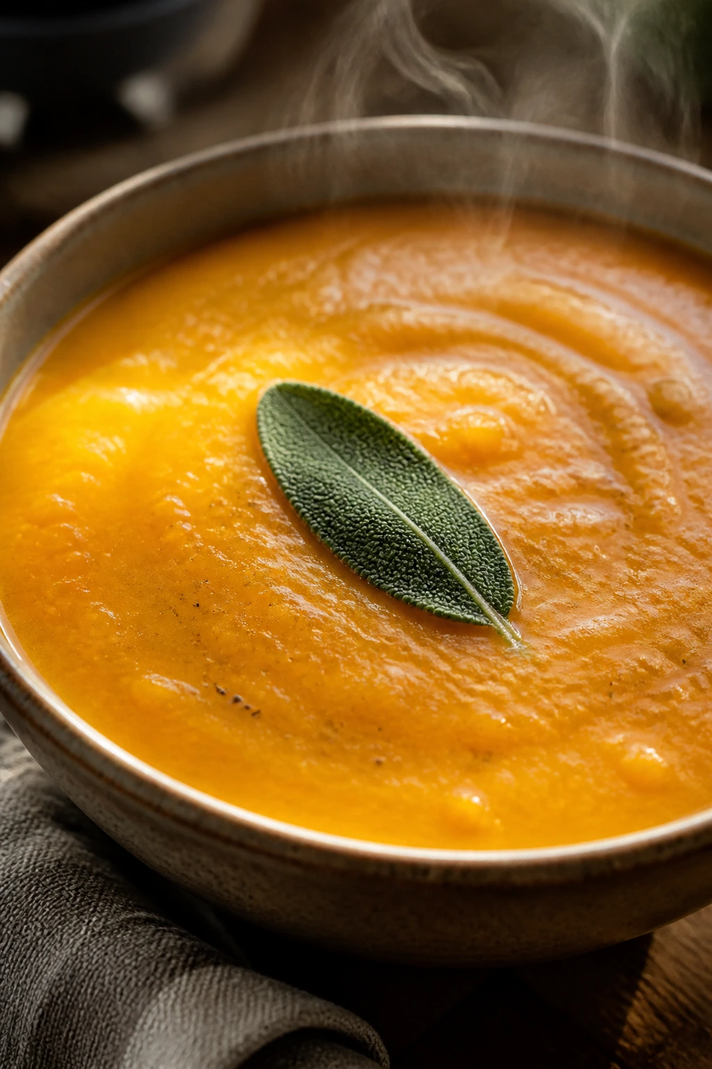 Close-up of butternut squash soup with sage leaf on top