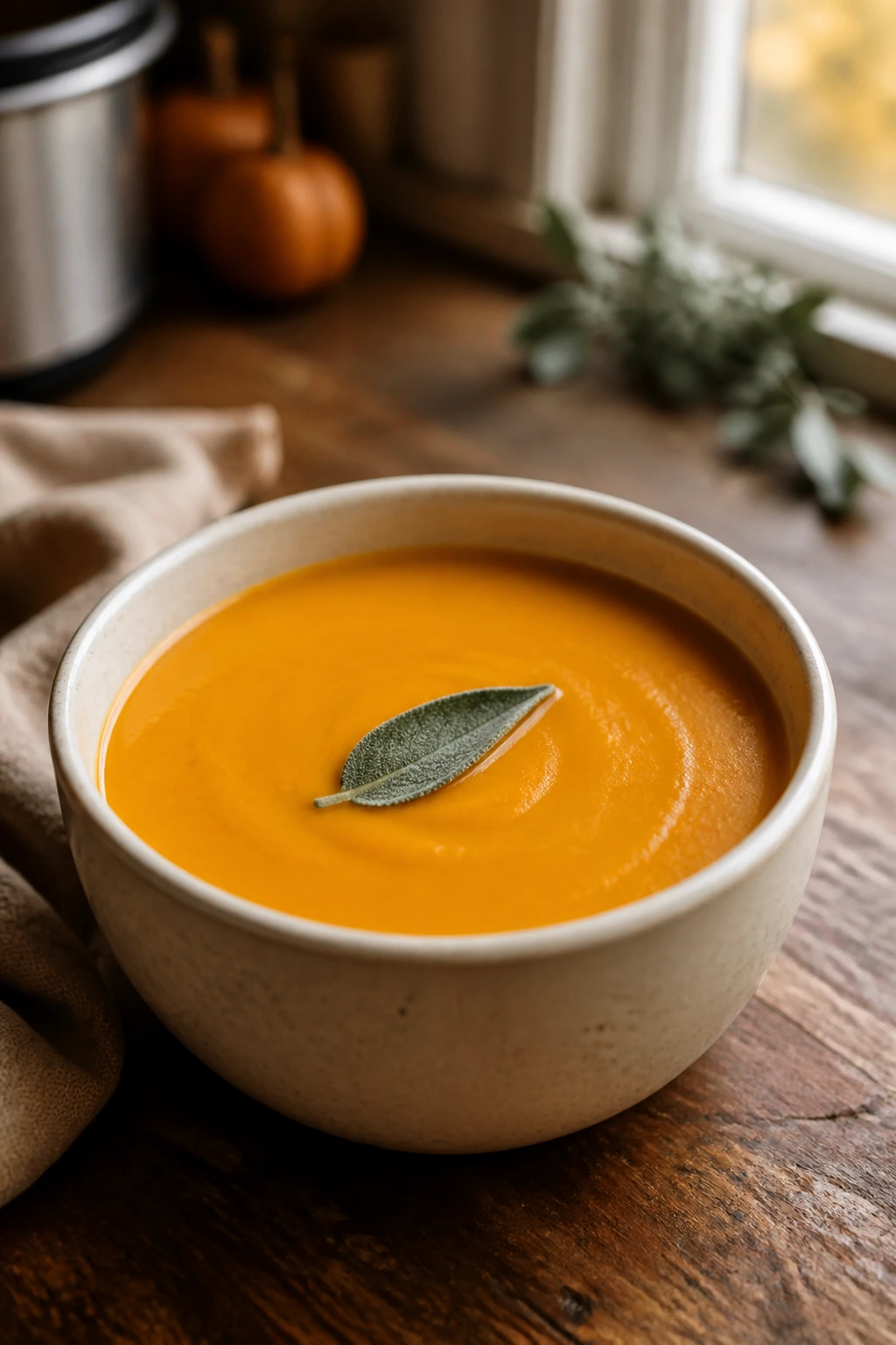 Close-up of velvety butternut squash soup in a bowl with sage garnish on a wooden table