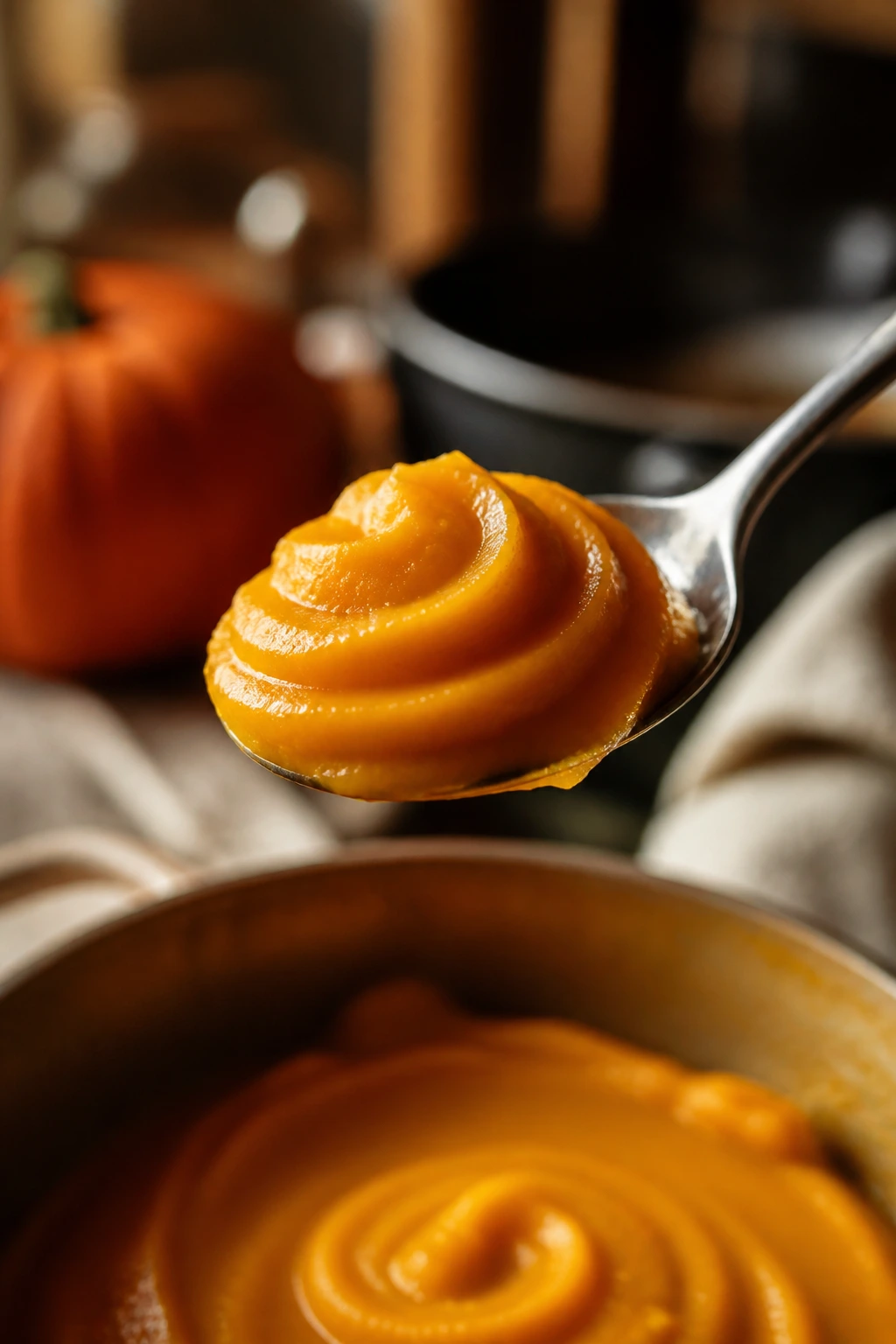 Butternut squash puree swirl on spoon in warm kitchen