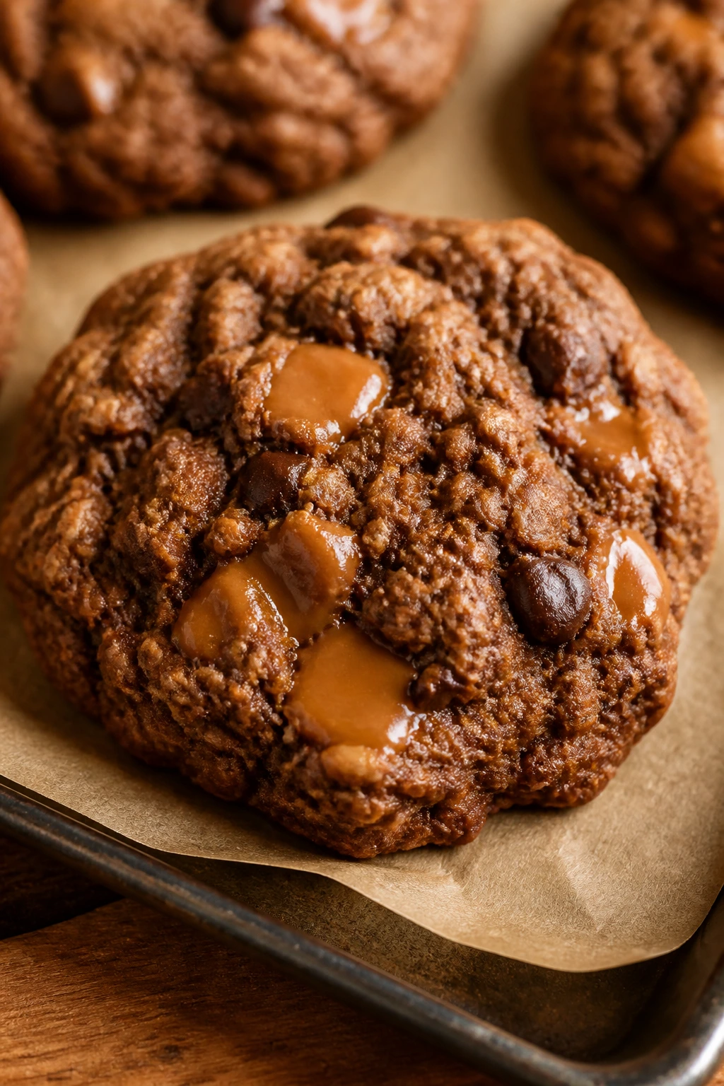 Close-up of butterscotch chocolate oatmeal cookie with melted butterscotch on parchment