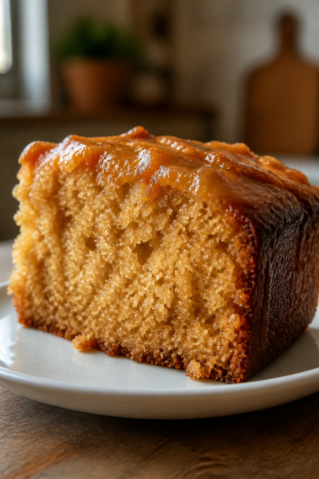 Close-up of a soft butterscotch pudding cake slice on a plate