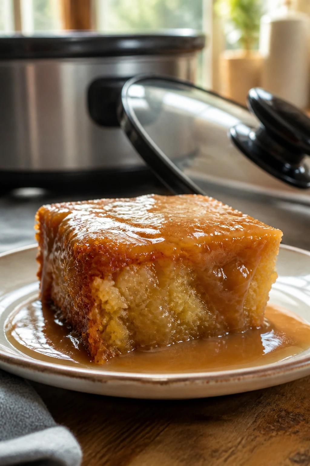Close-up of Slow Cooker Butterscotch Pudding Cake slice with butterscotch glaze in a warm kitchen.