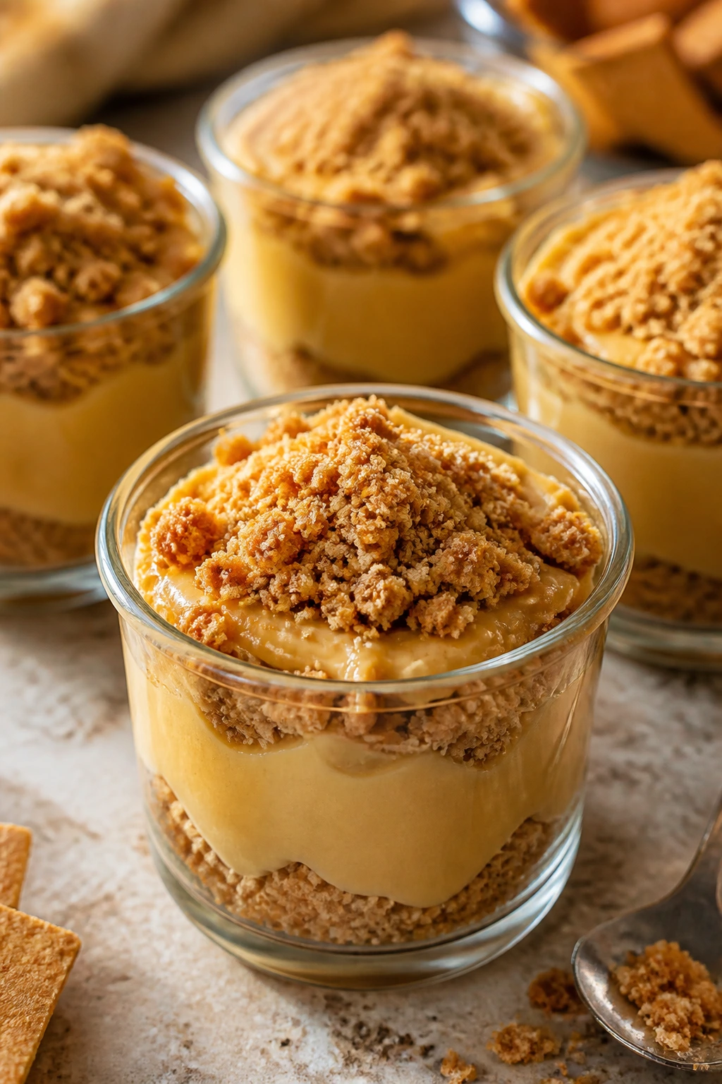 Close-up of butterscotch pudding cups with graham crumble