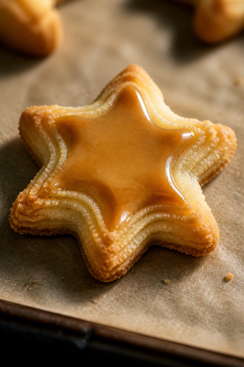 Close-up of a star-shaped butterscotch cookie with glossy glaze on parchment