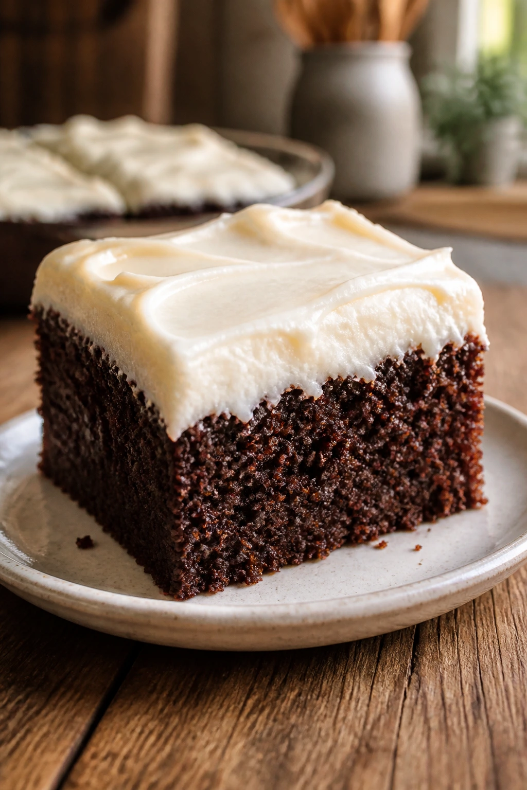 Close-up of a chocolate cake slice with creamy cream cheese frosting on a wooden table