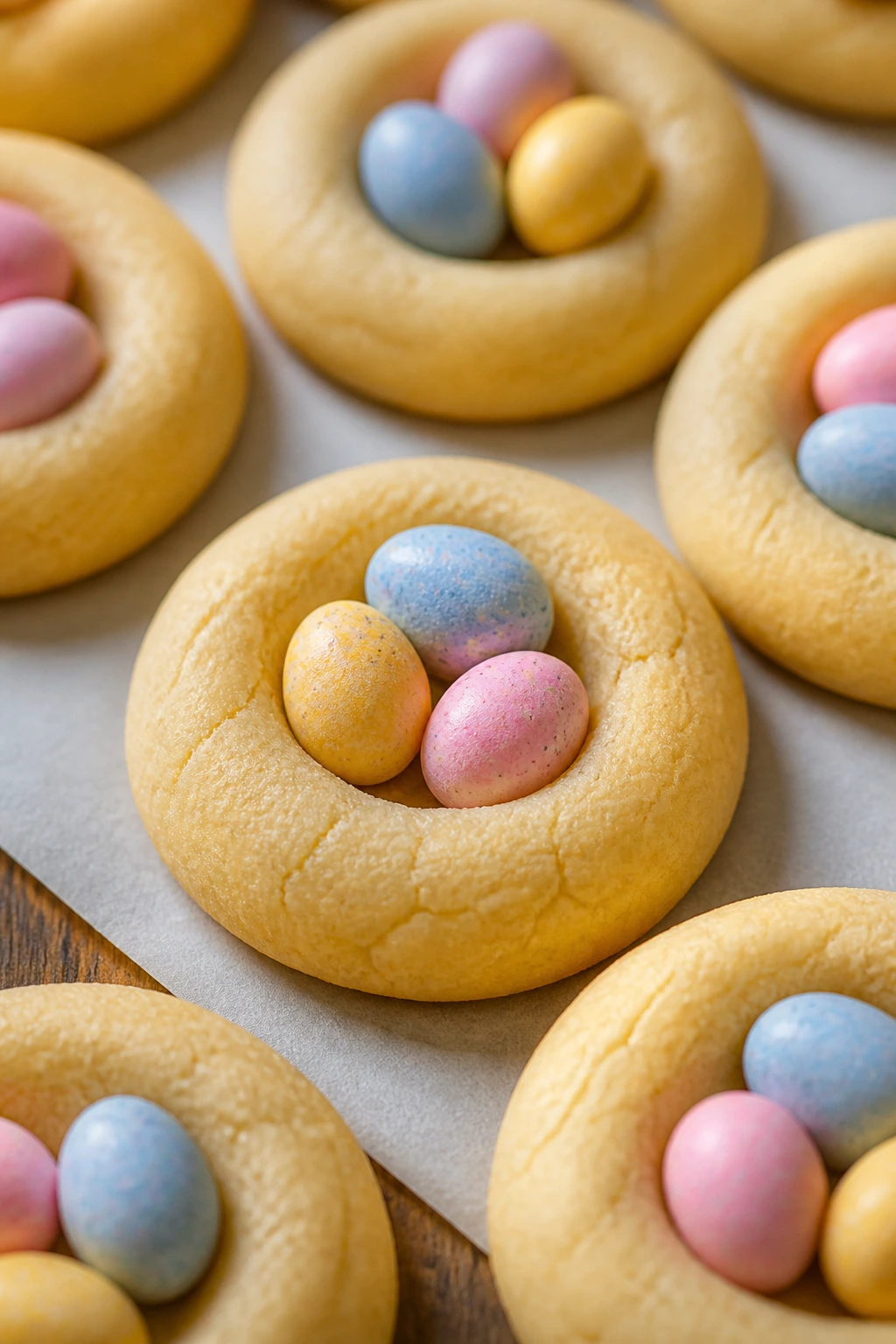 Close-up of sugar cookie thumbprint nests with candy eggs on parchment