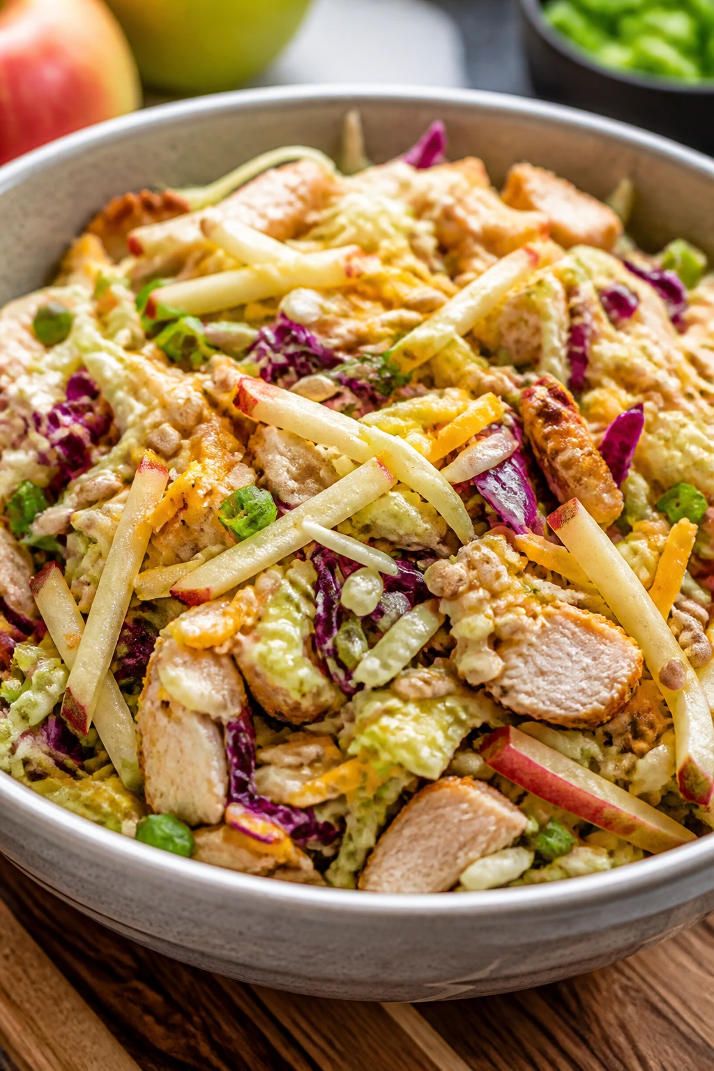 Apple cheddar slaw with chicken in a bowl